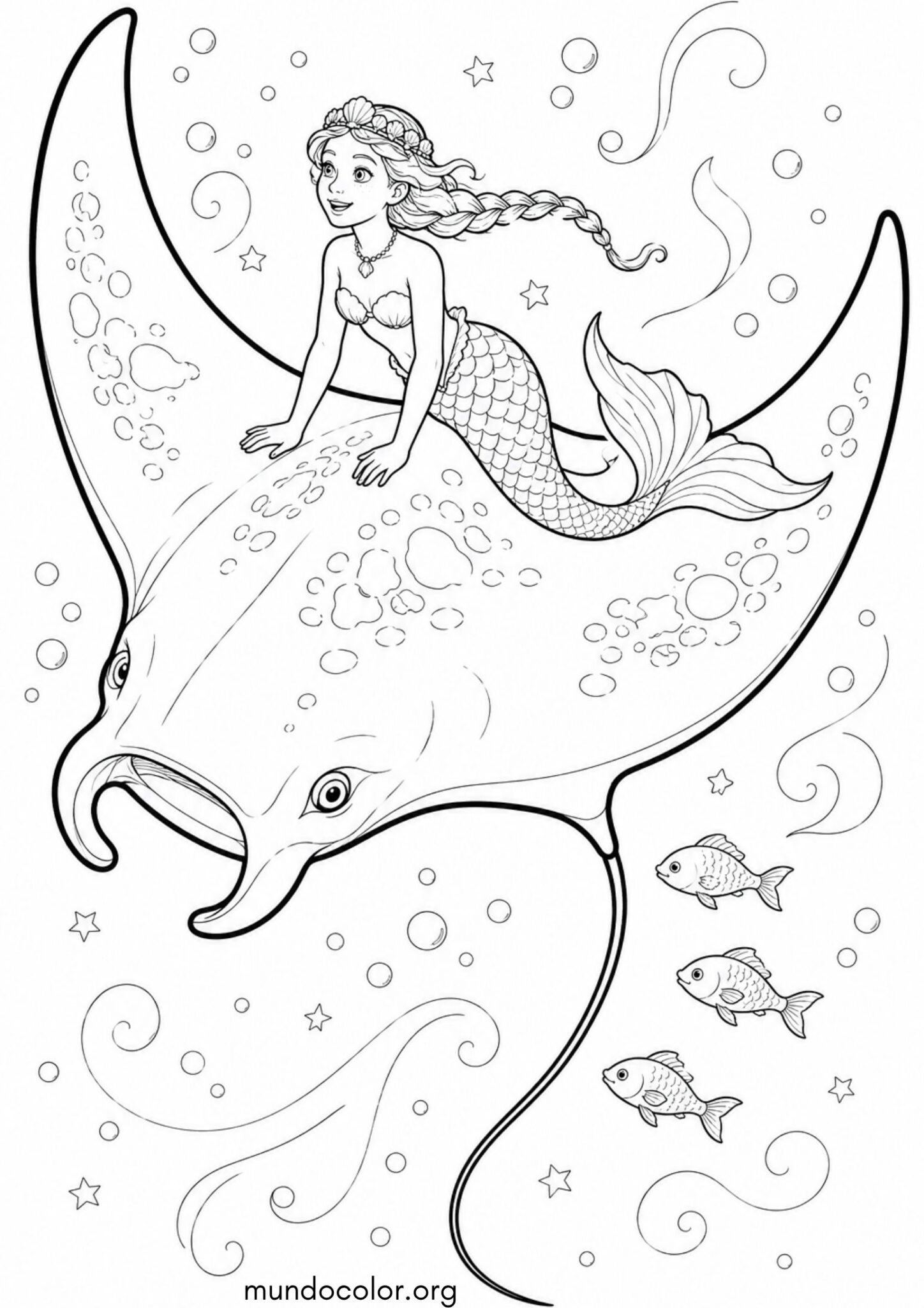 Dibujo de Una sirena montando una raya gigante para colorear