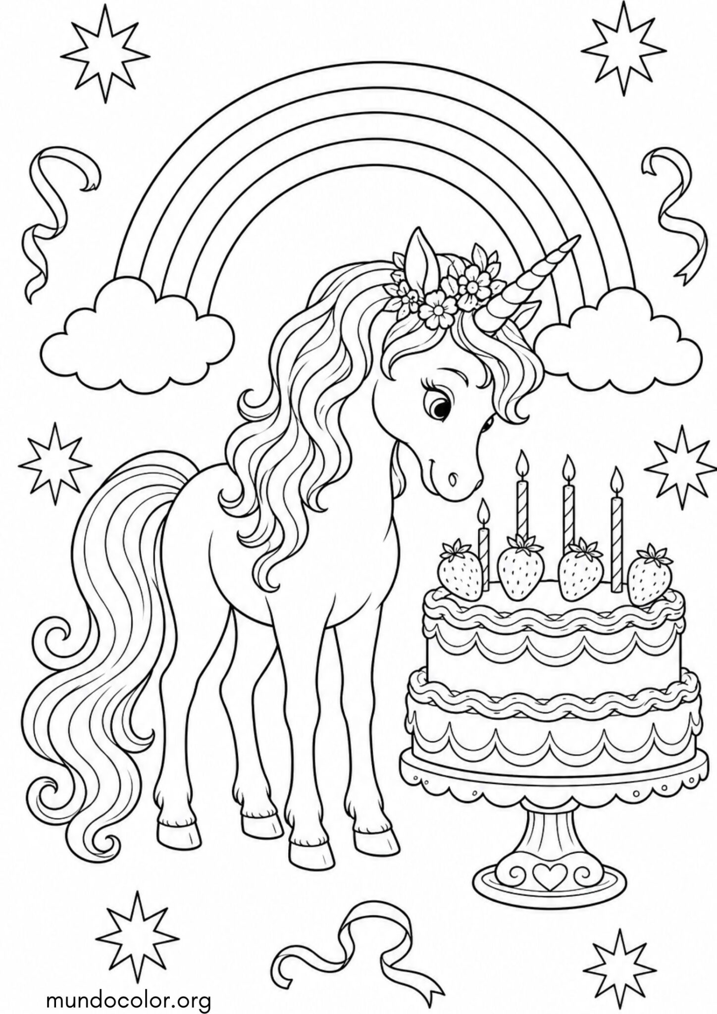 Dibujo de Unicornio de cumpleaños con tarta y arcoíris para colorear