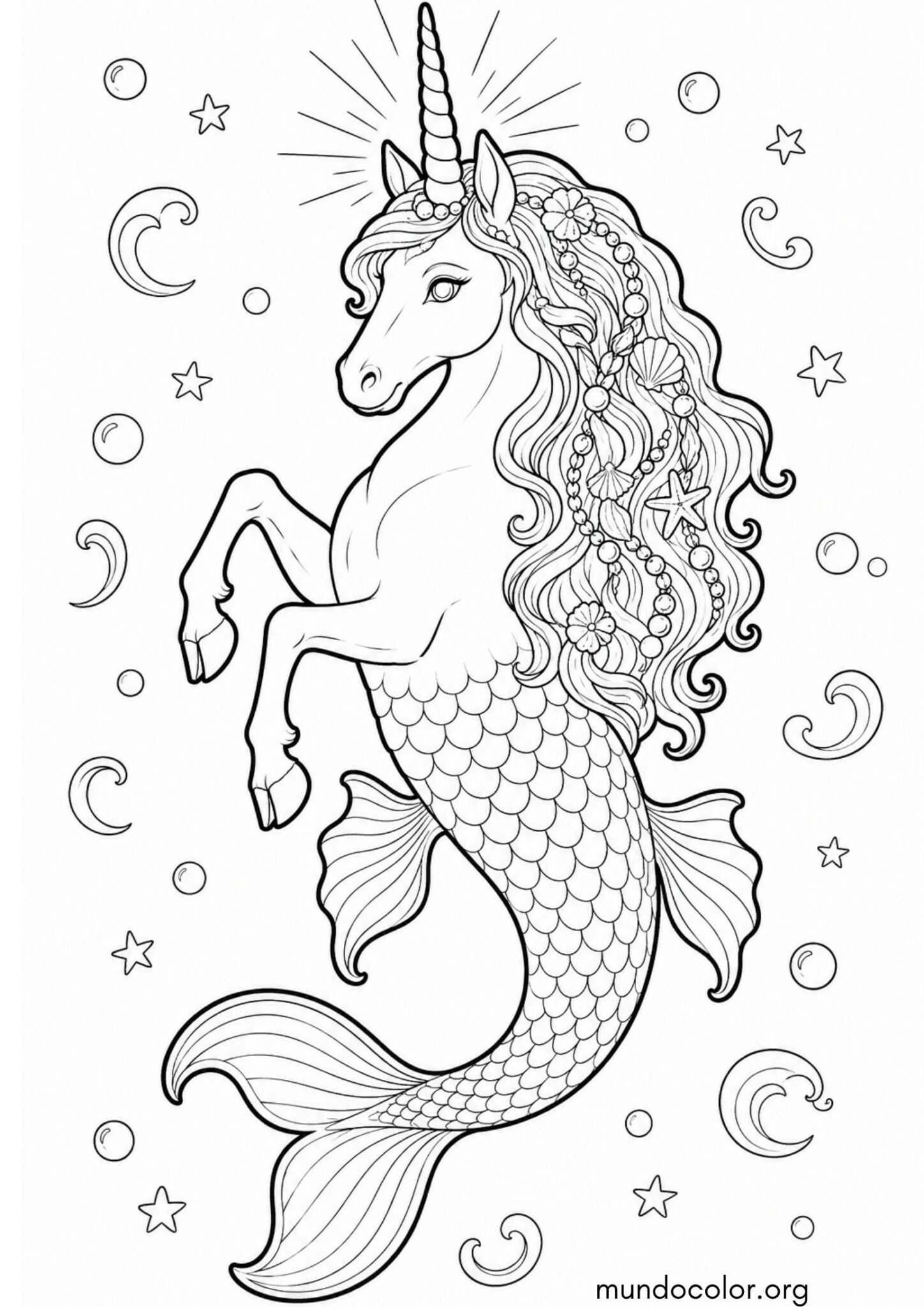 Dibujo de Unicornio sirena con cuerno mágico brillante y aleta de pez para colorear