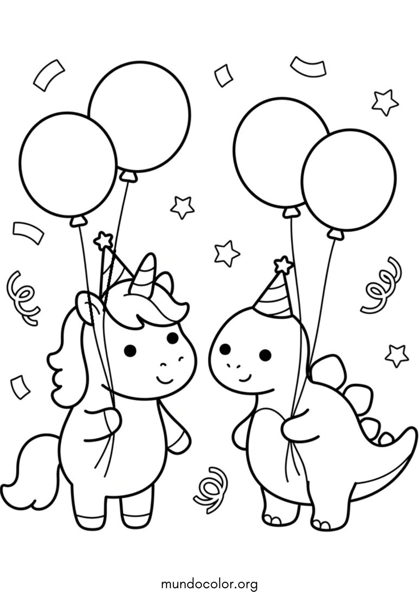 Dibujo de Día del Niño – Unicornio y dinosaurio felices con globos de fiesta para colorear