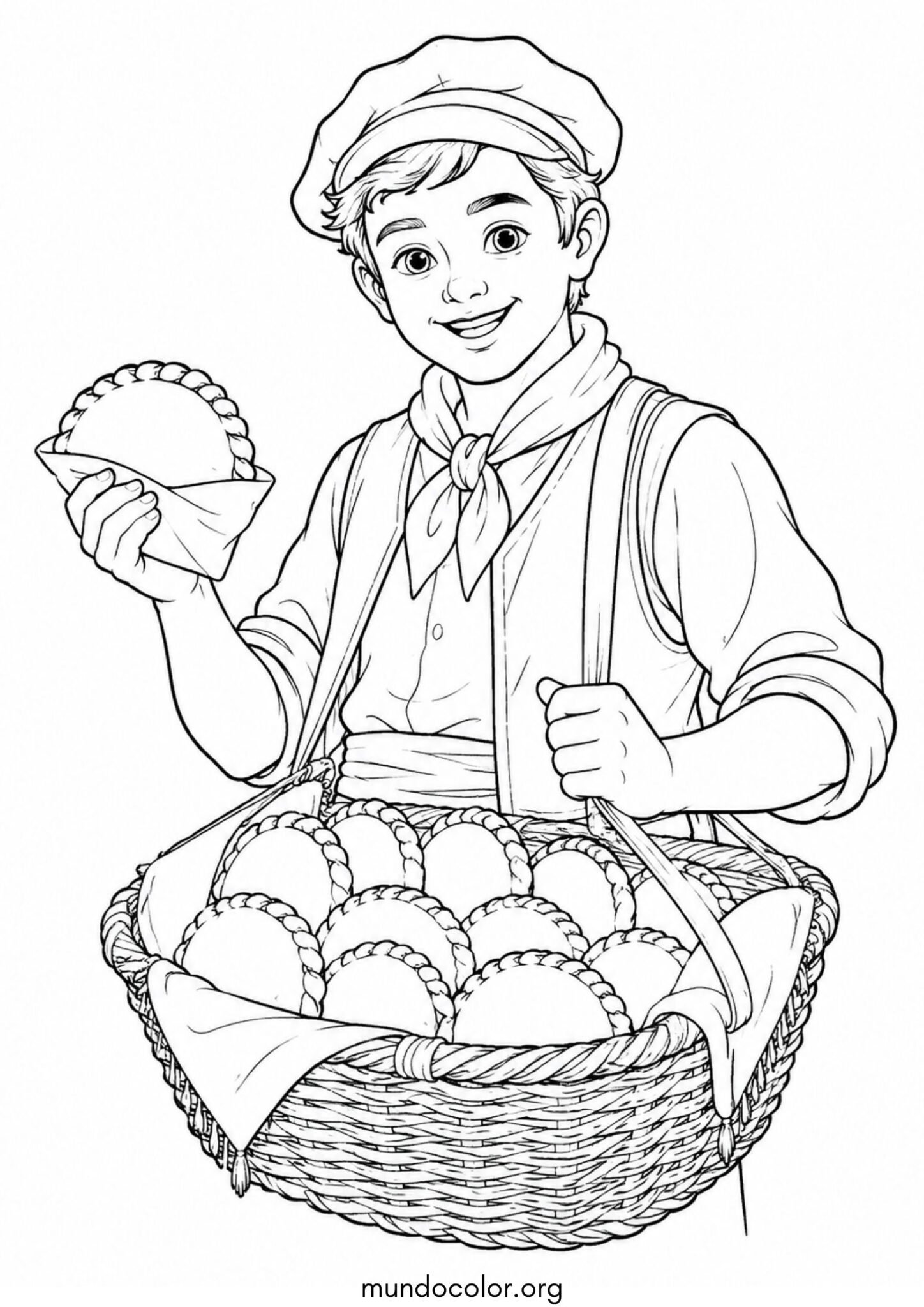 Dibujo de Revolución de Mayo – Vendedor ambulante de empanadas con su canasta de mimbre para colorear