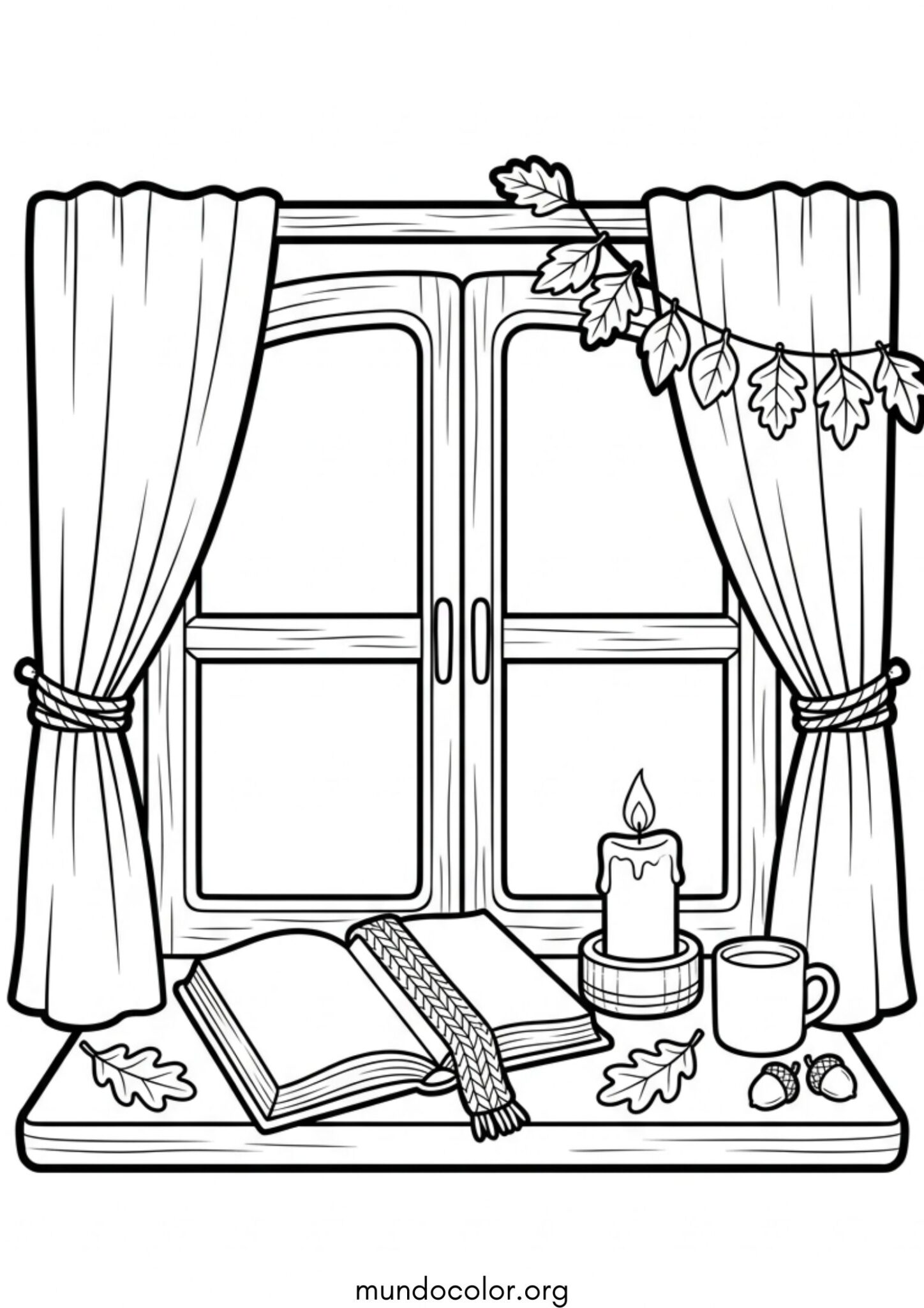 Dibujo de Otoño – Ventana acogedora con un libro y una vela encendida para colorear
