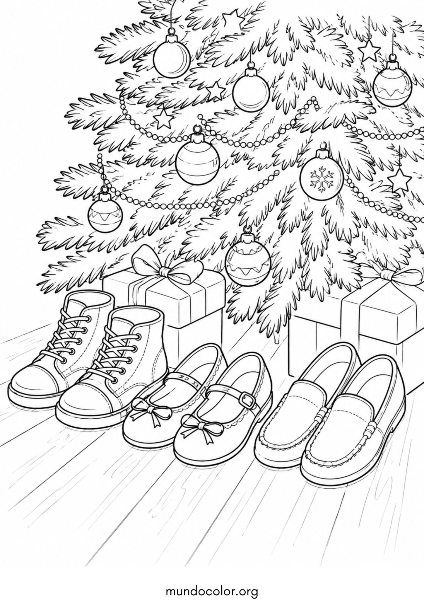 Dibujo de Zapatos bajo el árbol de Navidad para los Reyes Magos para imprimir Dibujo de Zapatos bajo el árbol de Navidad para los Reyes Magos para colorear