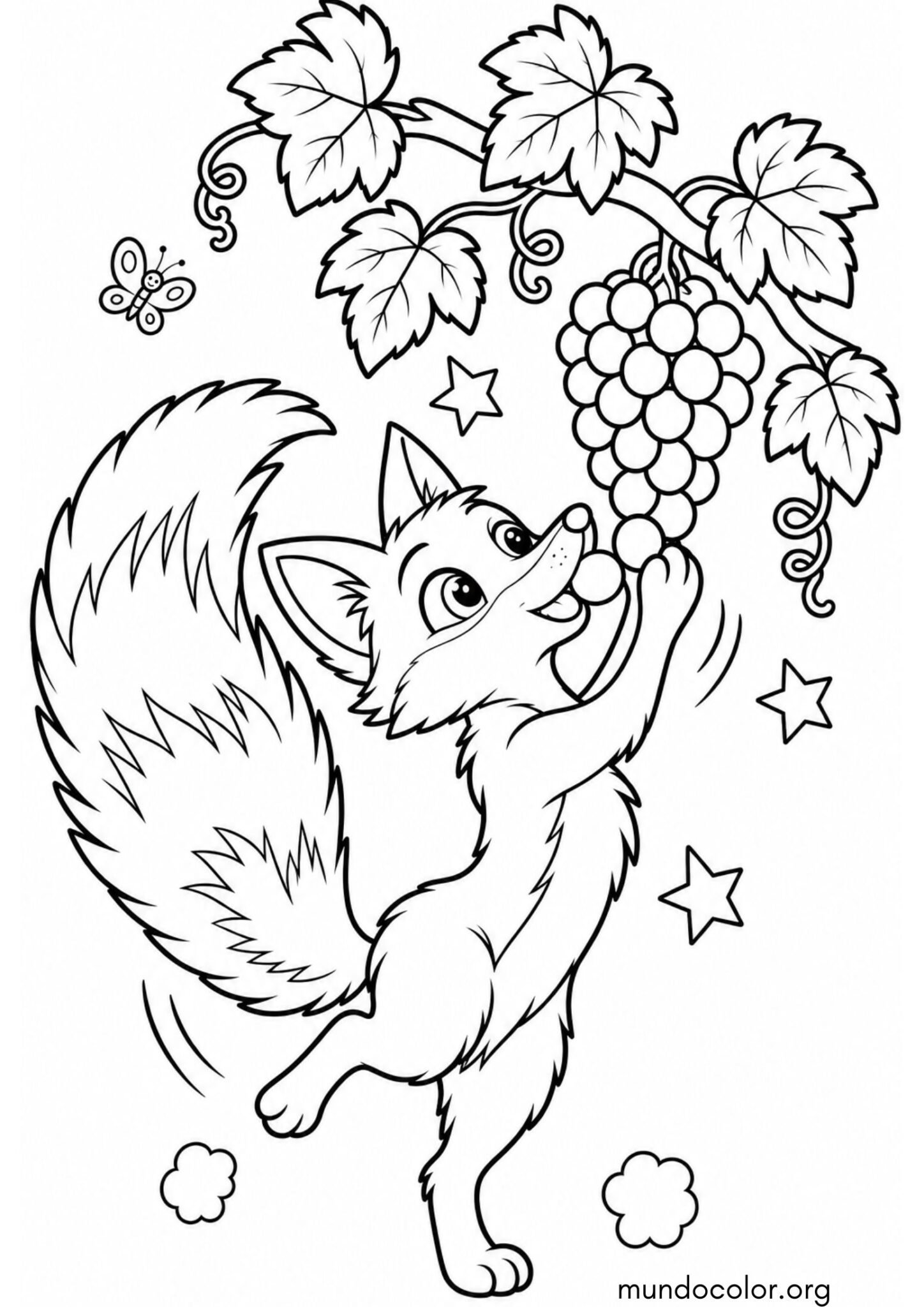 Dibujo de Zorro comiendo uvas de la parra (Fábula de Esopo) para colorear