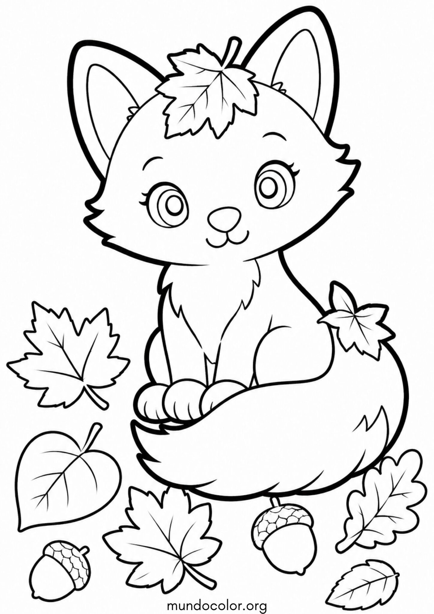 Dibujo de Zorro tierno sentado entre hojas de otoño para imprimir Dibujo de Zorro tierno sentado entre hojas de otoño para colorear