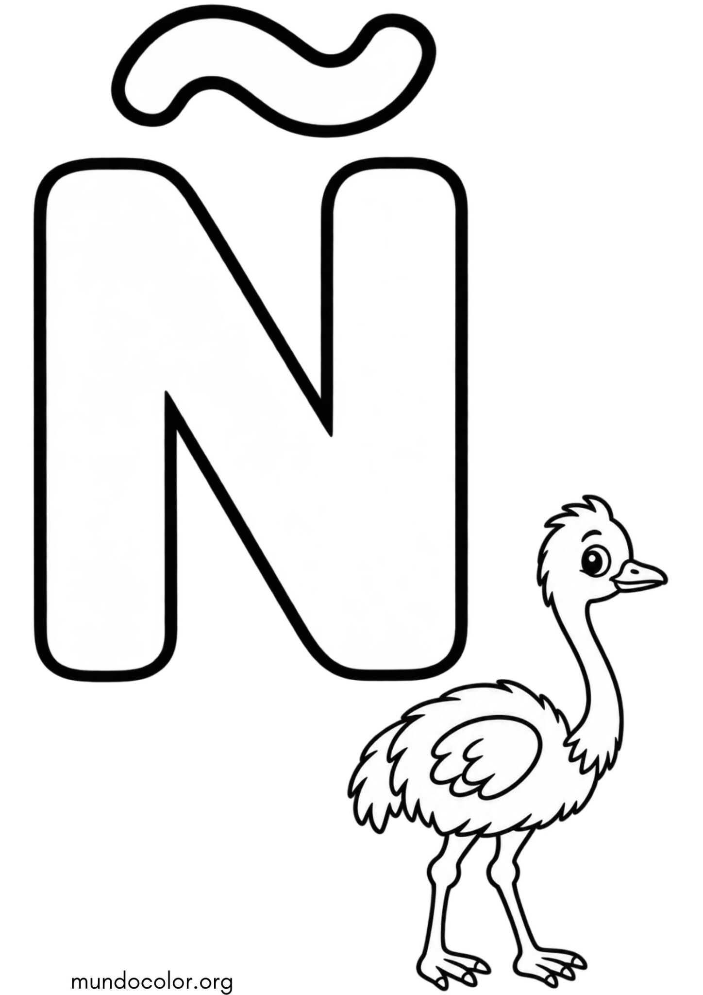 Dibujo de Ñ — Ñandú (Letras del alfabeto español) para colorear