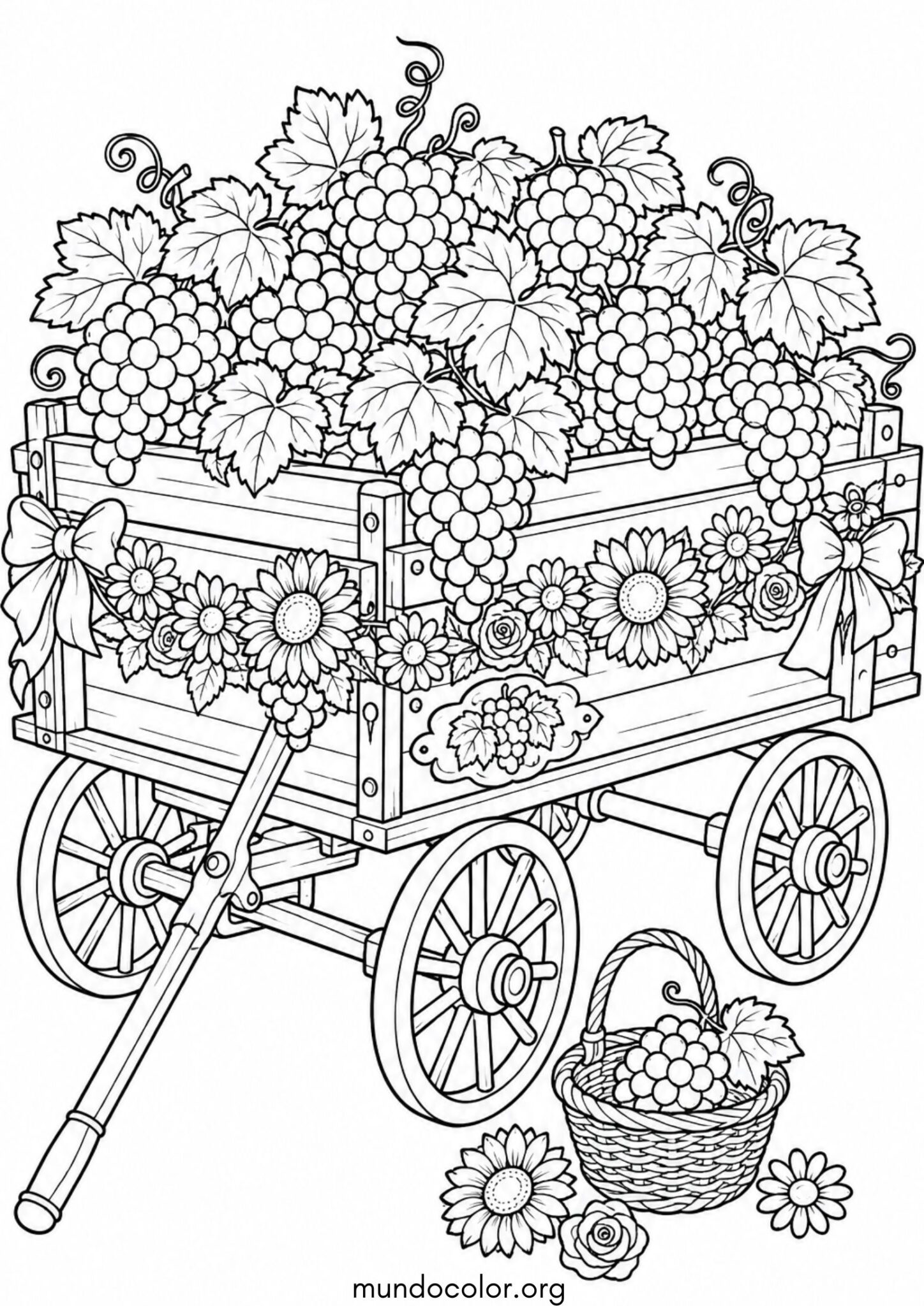 Dibujo de Fiesta de la Vendimia – Carro de madera lleno de uvas decorado con flores para colorear