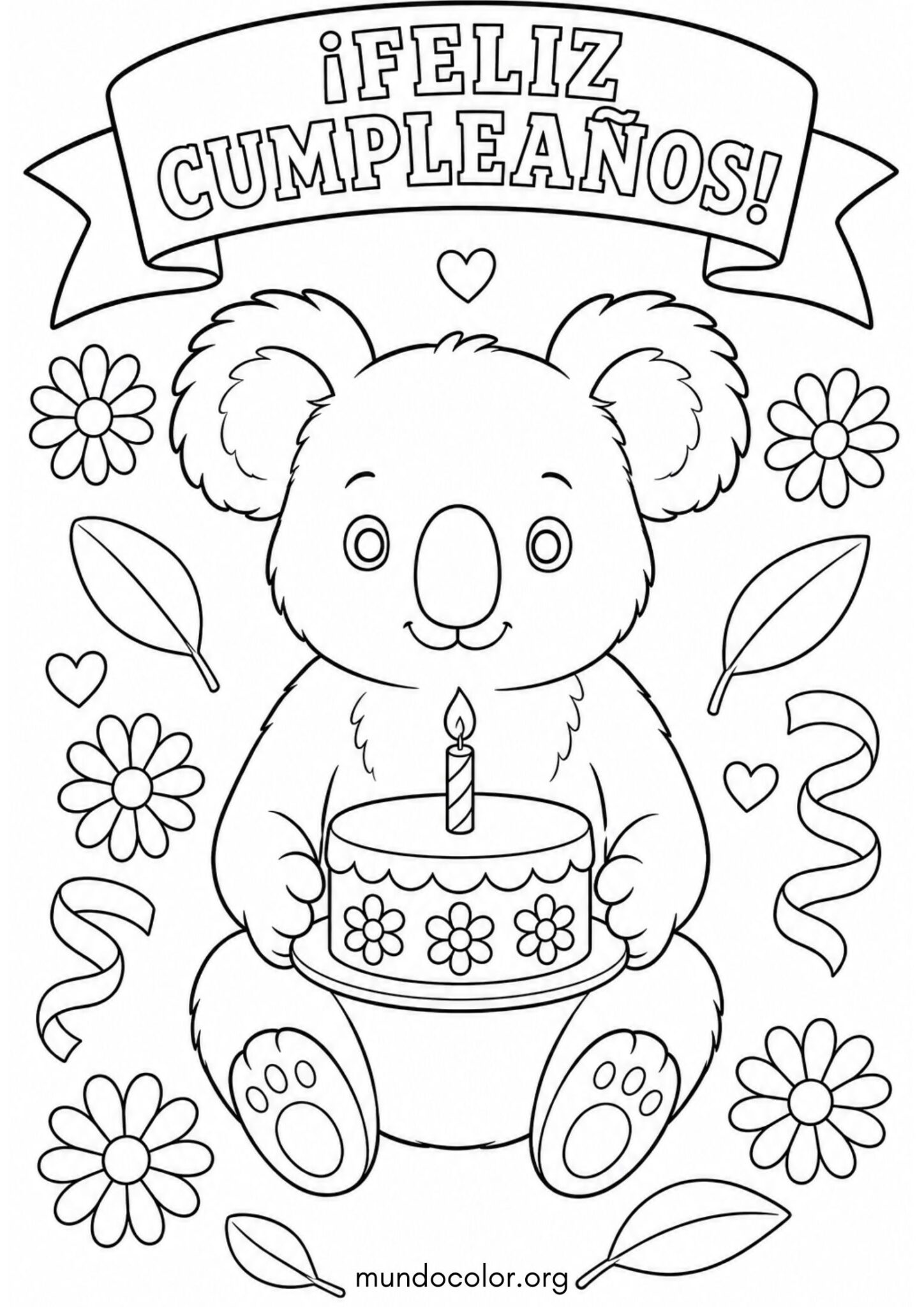 Dibujo de Tarjeta de feliz cumpleaños con koala tierno para colorear
