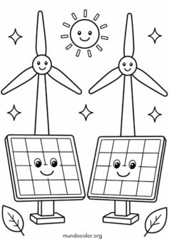 Día de la Tierra – Energía limpia: molinos de viento y paneles solares sonrientes