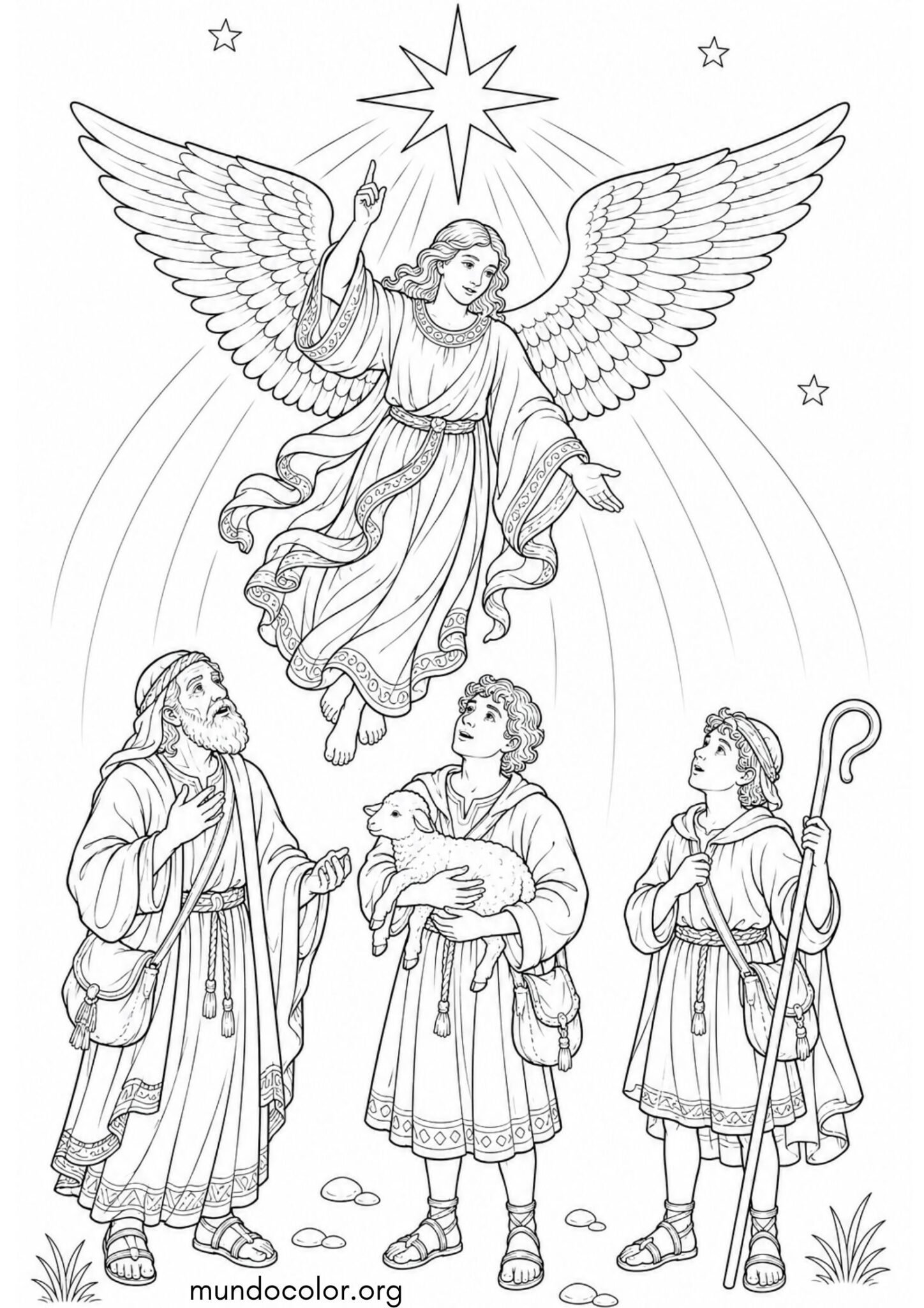 Dibujo de Las Posadas Navideñas – Ángel de la Estrella guiando a los pastores en la nochebuena para colorear