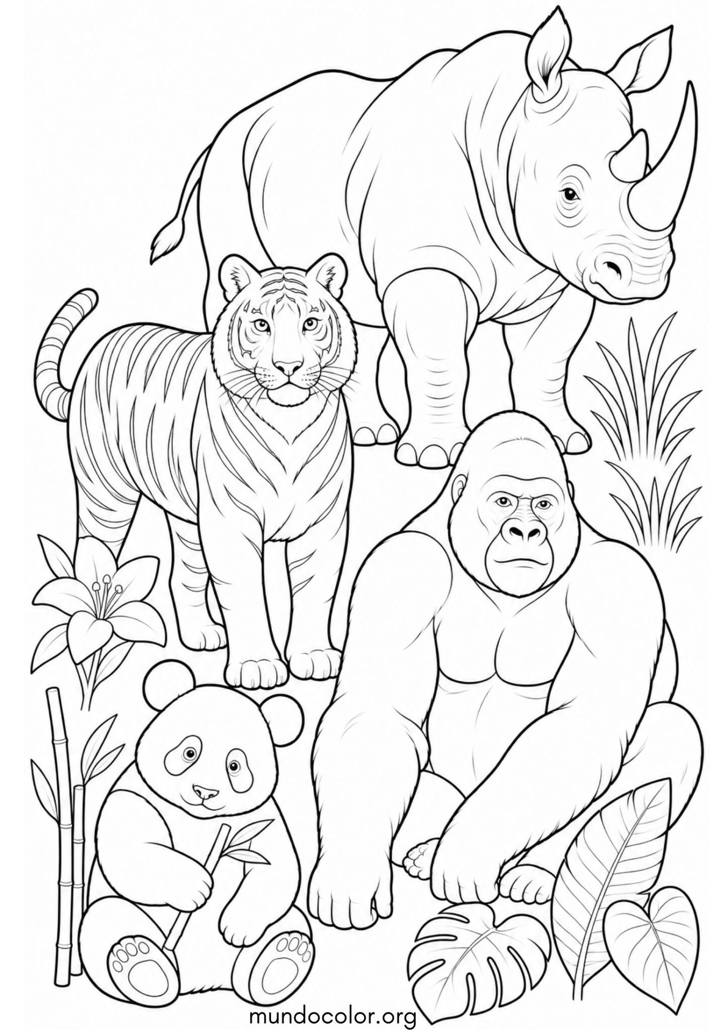 Animales en peligro de extinción: oso panda, tigre, gorila y rinoceronte para imprimir y pintar Dibujo de Animales en peligro de extinción: oso panda, tigre, gorila y rinoceronte para colorear