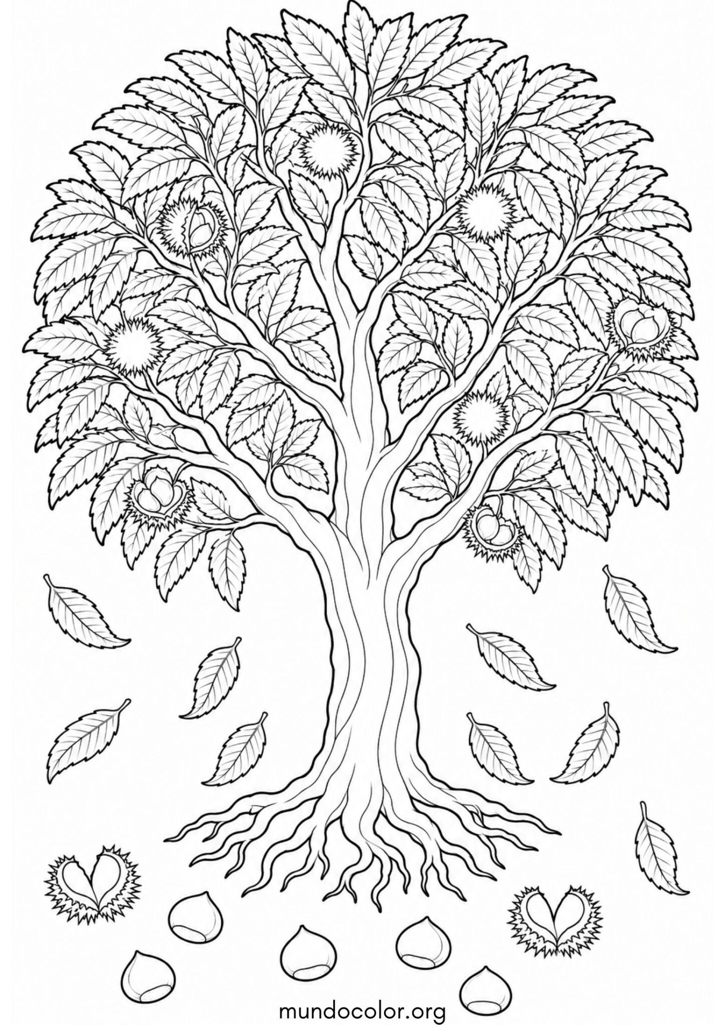 Dibujo de Castaño: árbol de castañas con hojas secas cayendo para colorear
