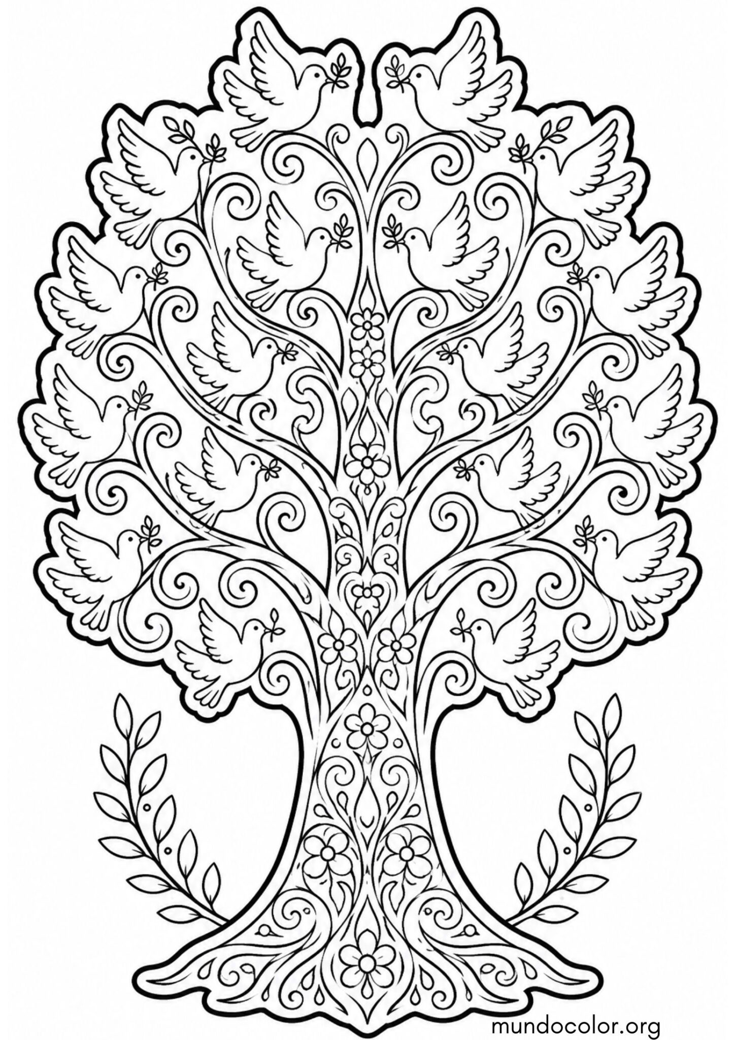 Dibujo de Árbol de la paz con hojas en forma de palomas para colorear
