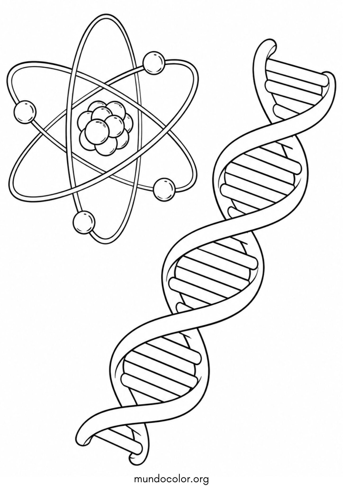 Dibujo de Día Mundial de la Ciencia – Átomo con electrones y cadena de ADN para colorear para colorear