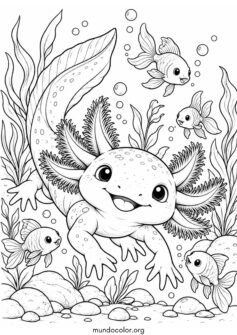 Ajolote y pequeños peces