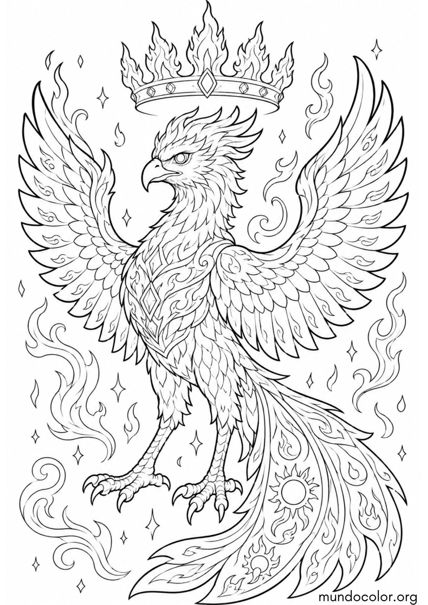 Dibujo de Ave Fénix con corona de fuego majestuosa para imprimir Dibujo de Ave Fénix con corona de fuego majestuosa para colorear