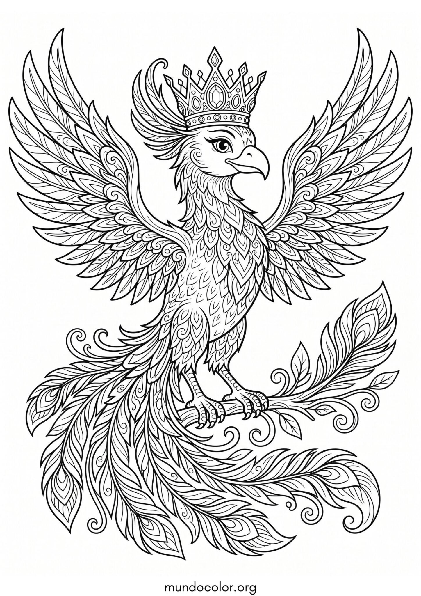 Dibujo de Ave Fénix con corona imperial para imprimir Dibujo de Ave Fénix con corona imperial para colorear
