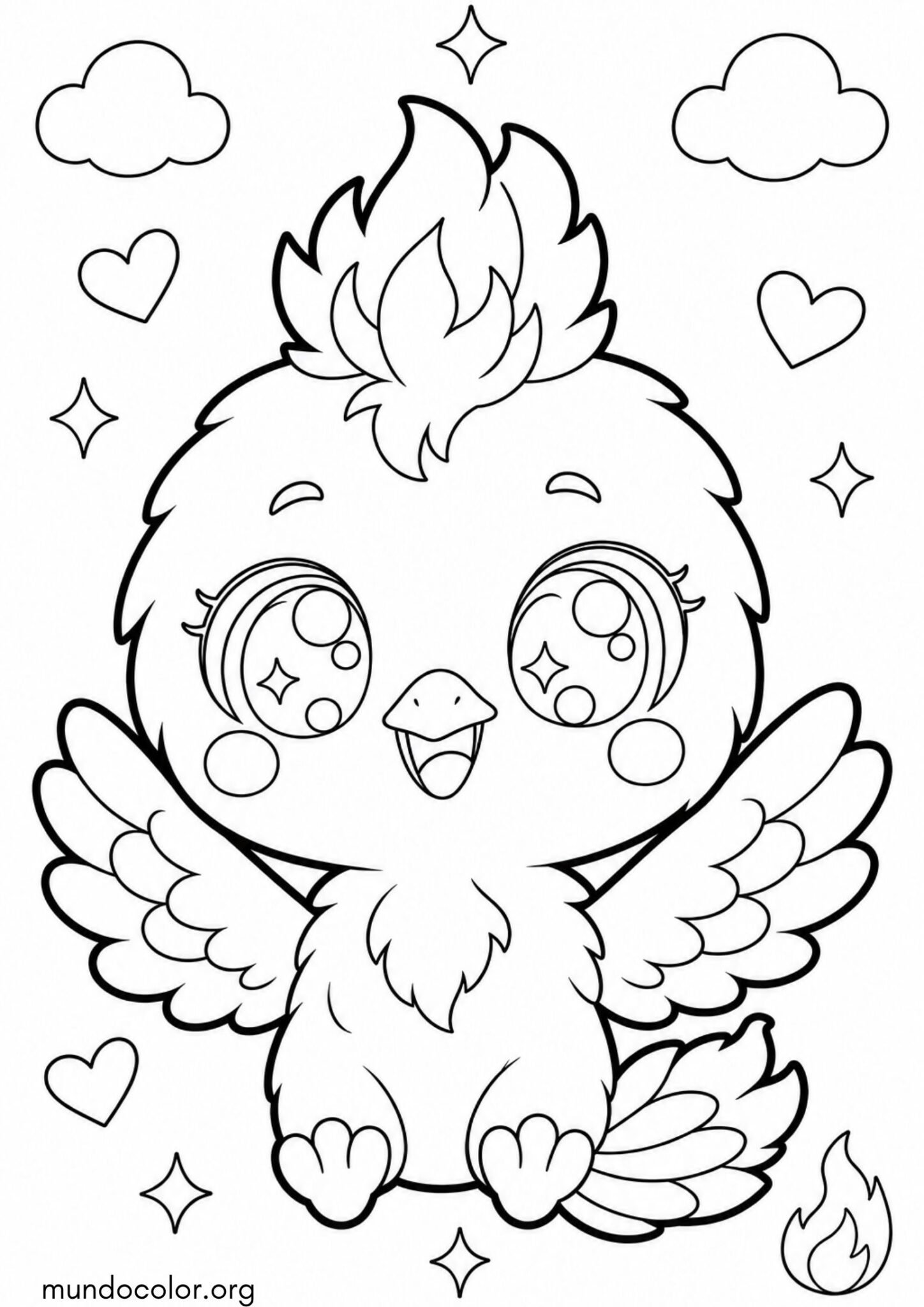 Dibujo de Ave Fénix estilo kawaii tierna para imprimir Dibujo de Ave Fénix estilo kawaii tierna para colorear