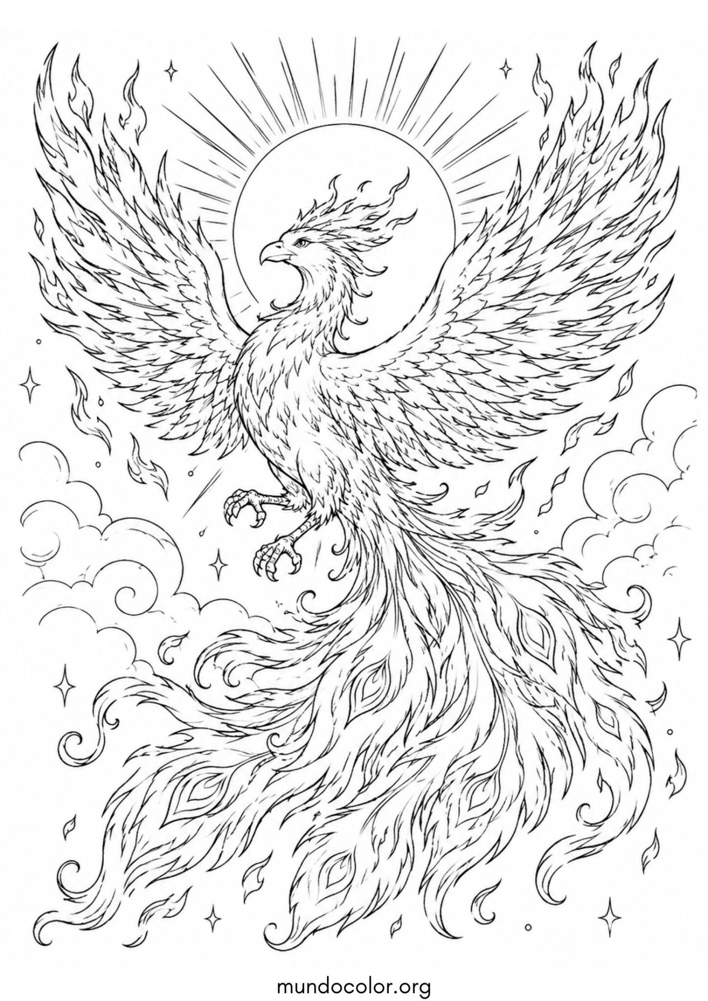 Dibujo de Ave Fénix volando libre con sus alas abiertas frente al sol para imprimir Dibujo de Ave Fénix volando libre con sus alas abiertas frente al sol para colorear