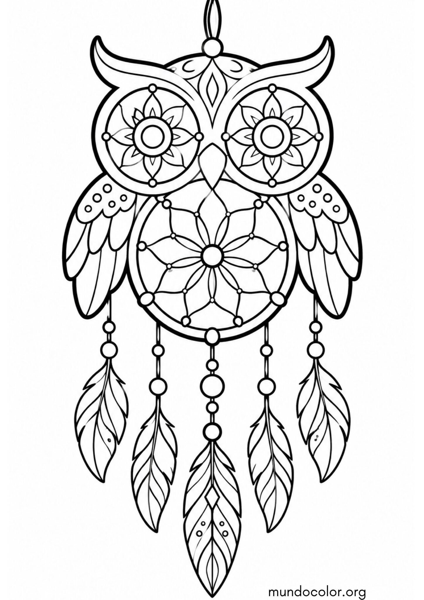 Dibujo de Búho atrapasueños con plumas colgantes para colorear