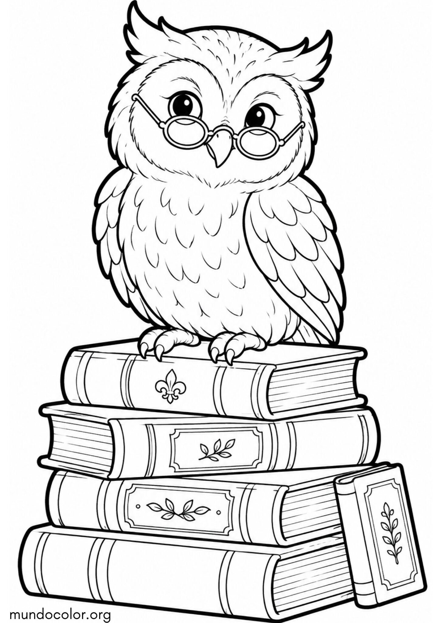 Dibujo de Búho con gafas sentado sobre una pila de libros para colorear