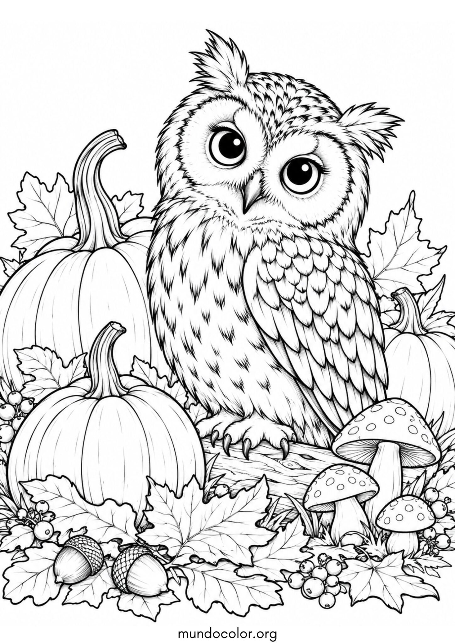 Dibujo de Búho descansando entre calabazas de otoño, setas y hojas secas caídas para colorear
