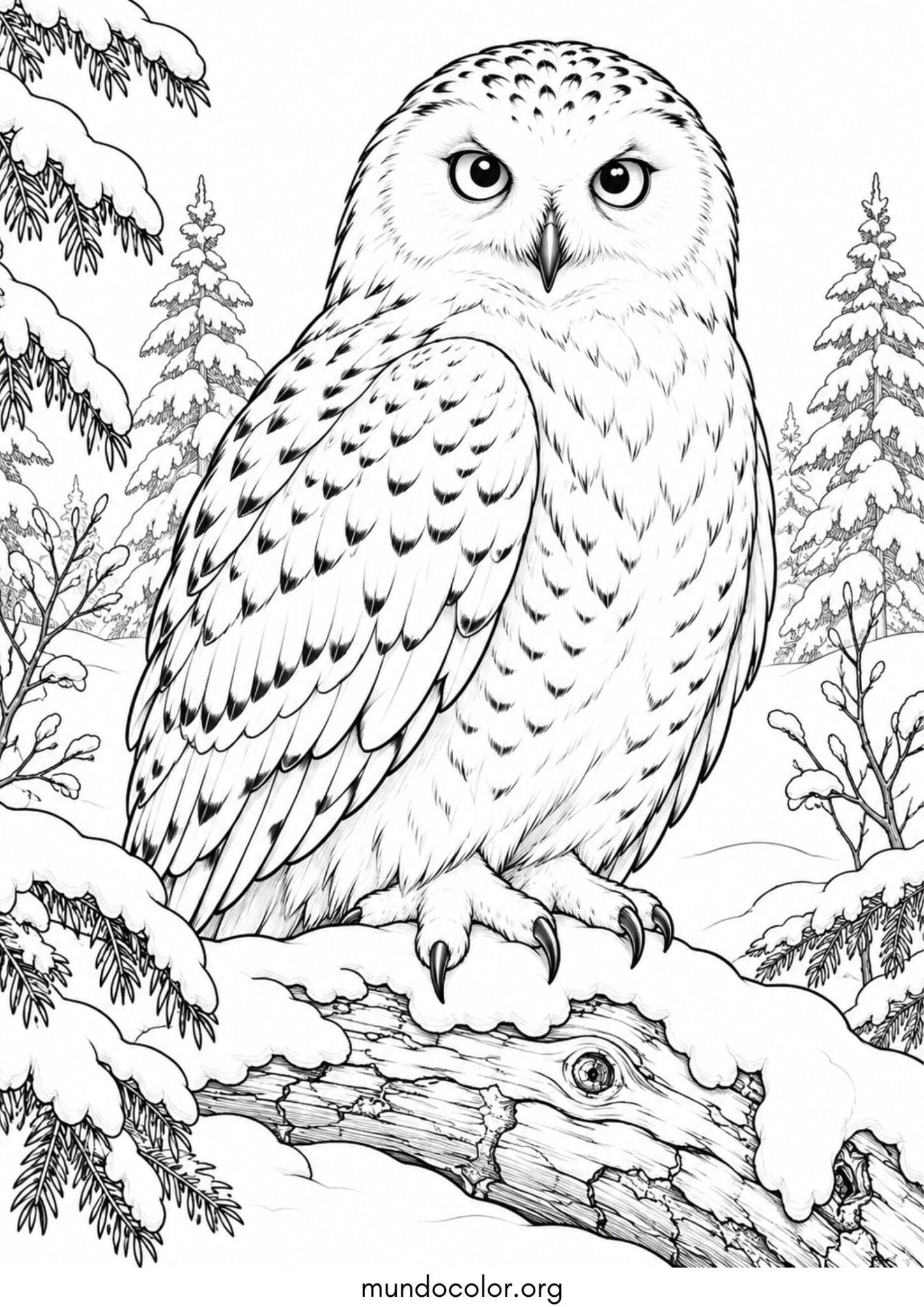 Dibujo de Búho nival blanco posado en un tronco nevado en el bosque invernal para colorear
