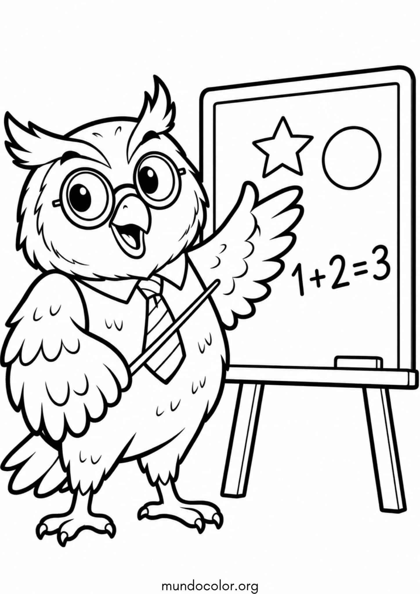 Dibujo de Búho profesor junto a la pizarra escolar para colorear