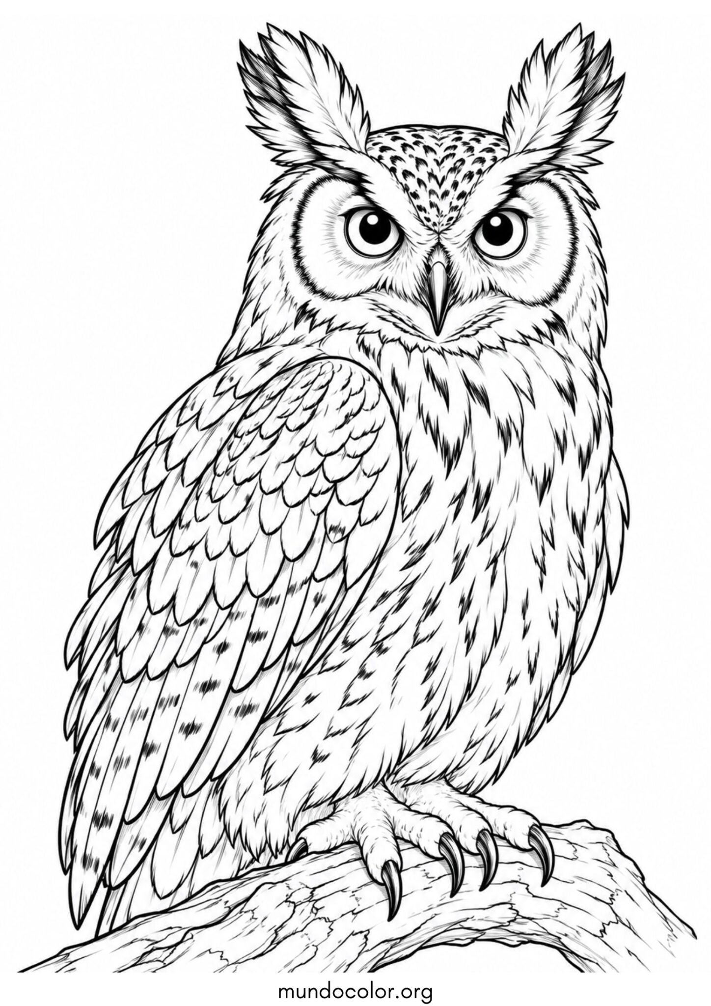 Dibujo de Búho real imponente con grandes penachos de plumas en las orejas para colorear