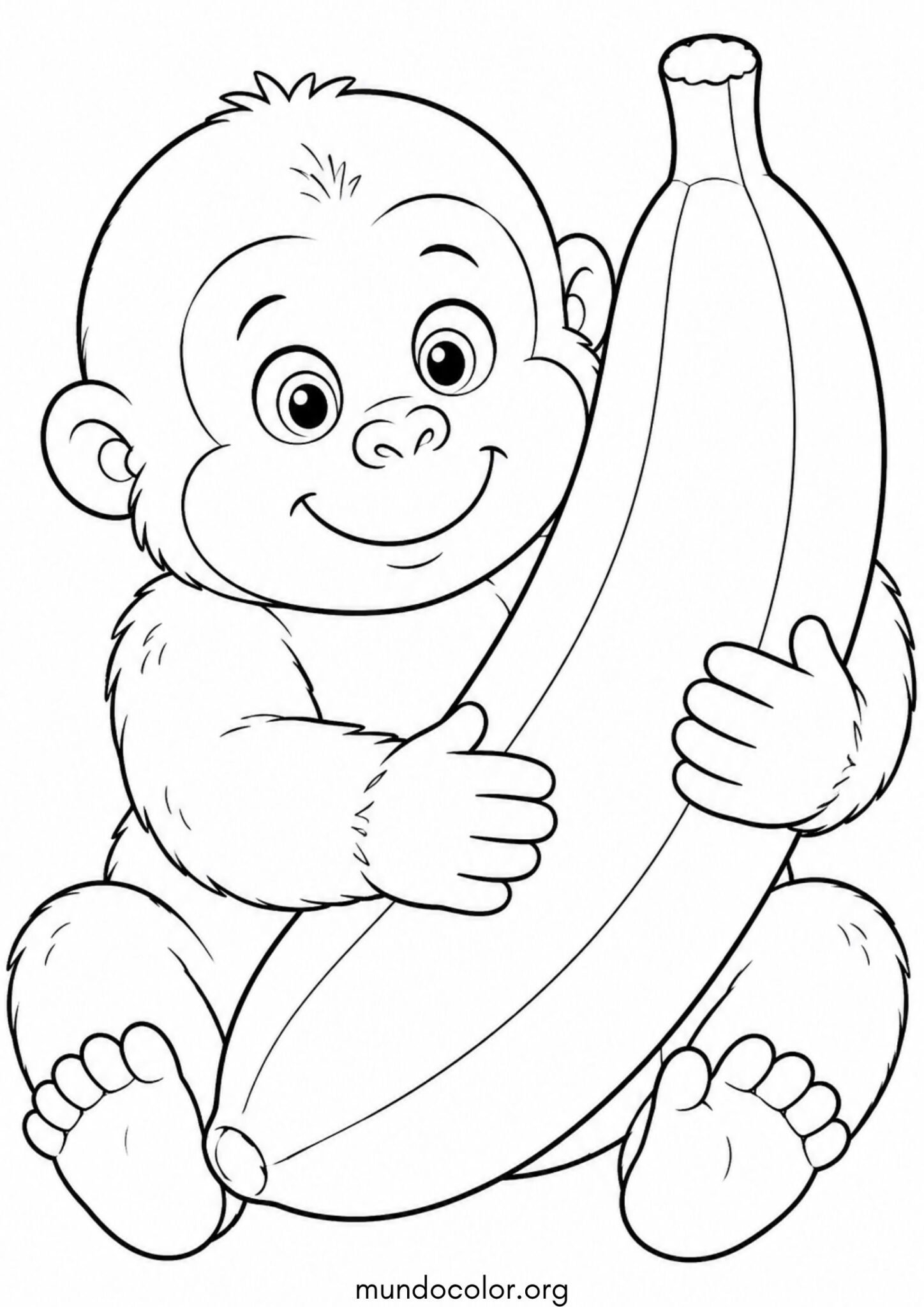 Dibujo de Bebé gorila tierno y sonriente abrazando un plátano / banana grande para imprimir Dibujo de Bebé gorila tierno y sonriente abrazando un plátano / banana grande para colorear