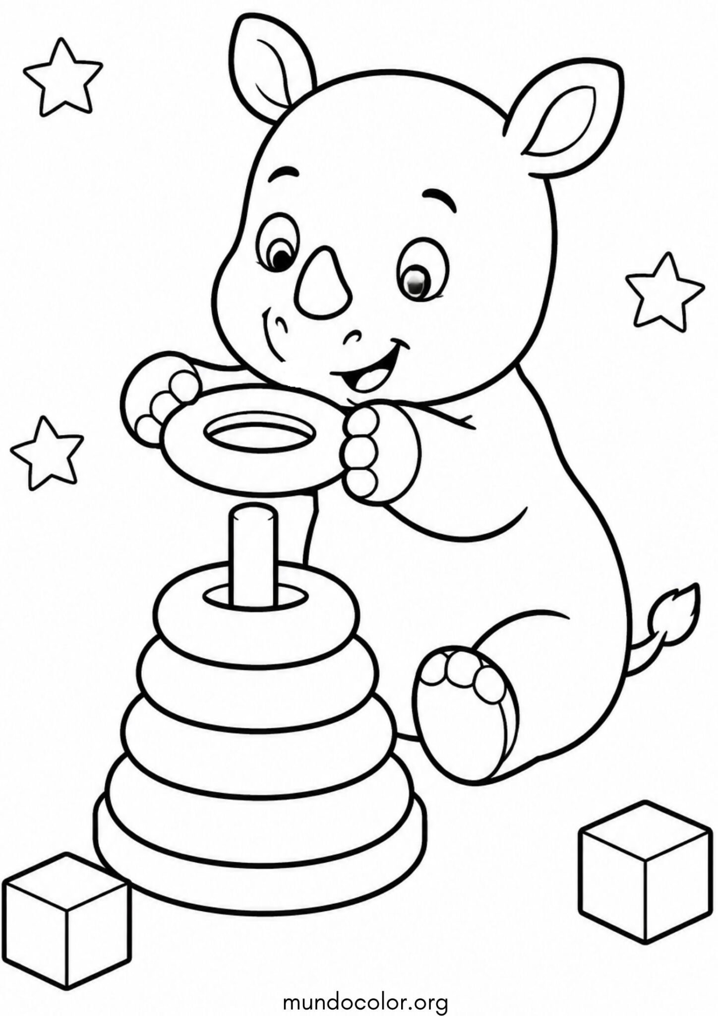Dibujo de Bebé rinoceronte armando una torre de aros para imprimir Dibujo de Bebé rinoceronte armando una torre de aros para colorear
