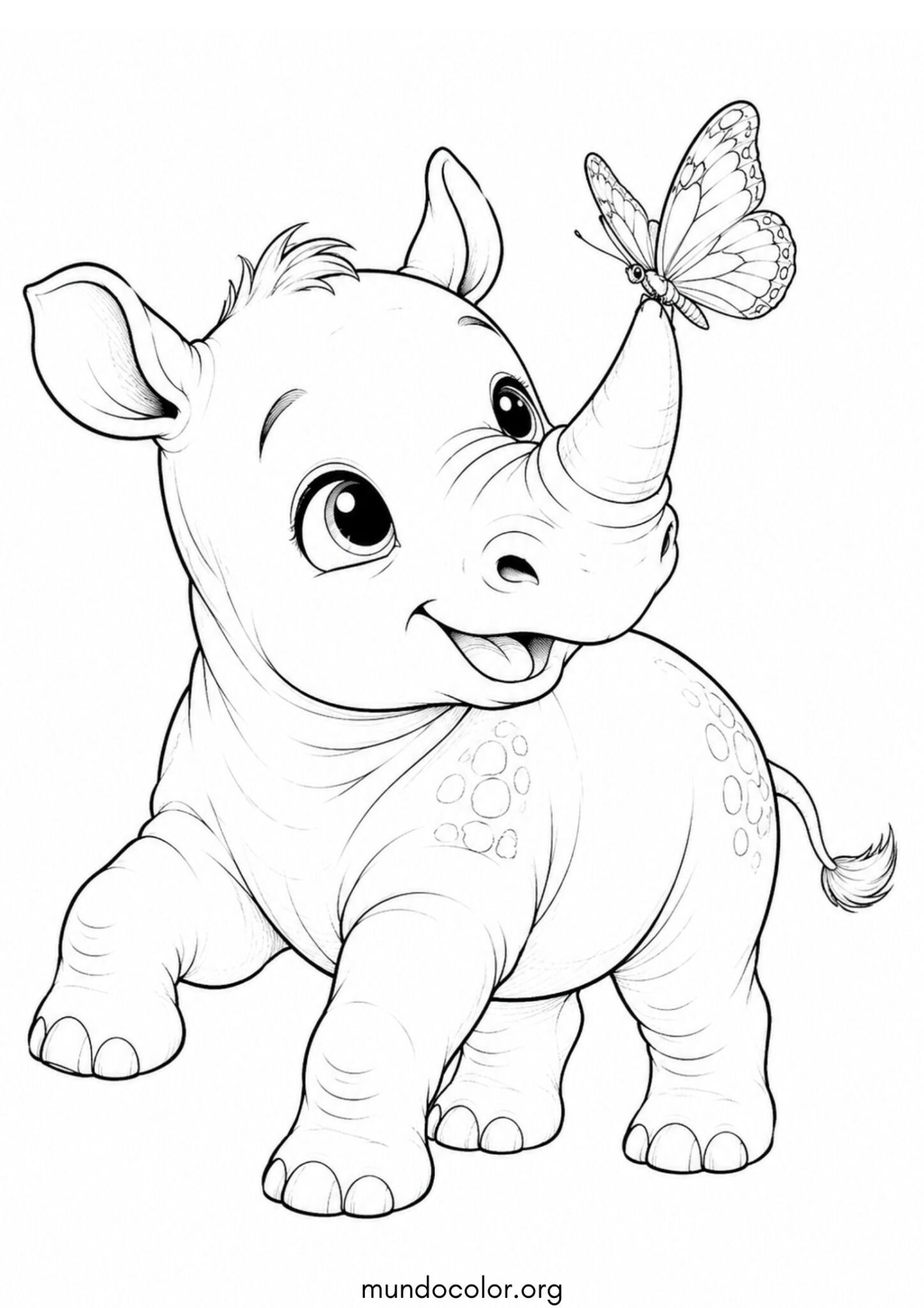 Dibujo de Bebé rinoceronte jugando con una mariposa posada en su cuerno para colorear