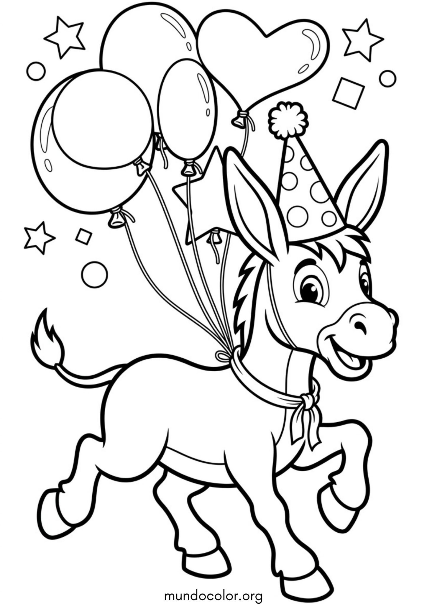 Dibujo de Burrito festejando su cumpleaños con gorrito de fiesta y globos para colorear