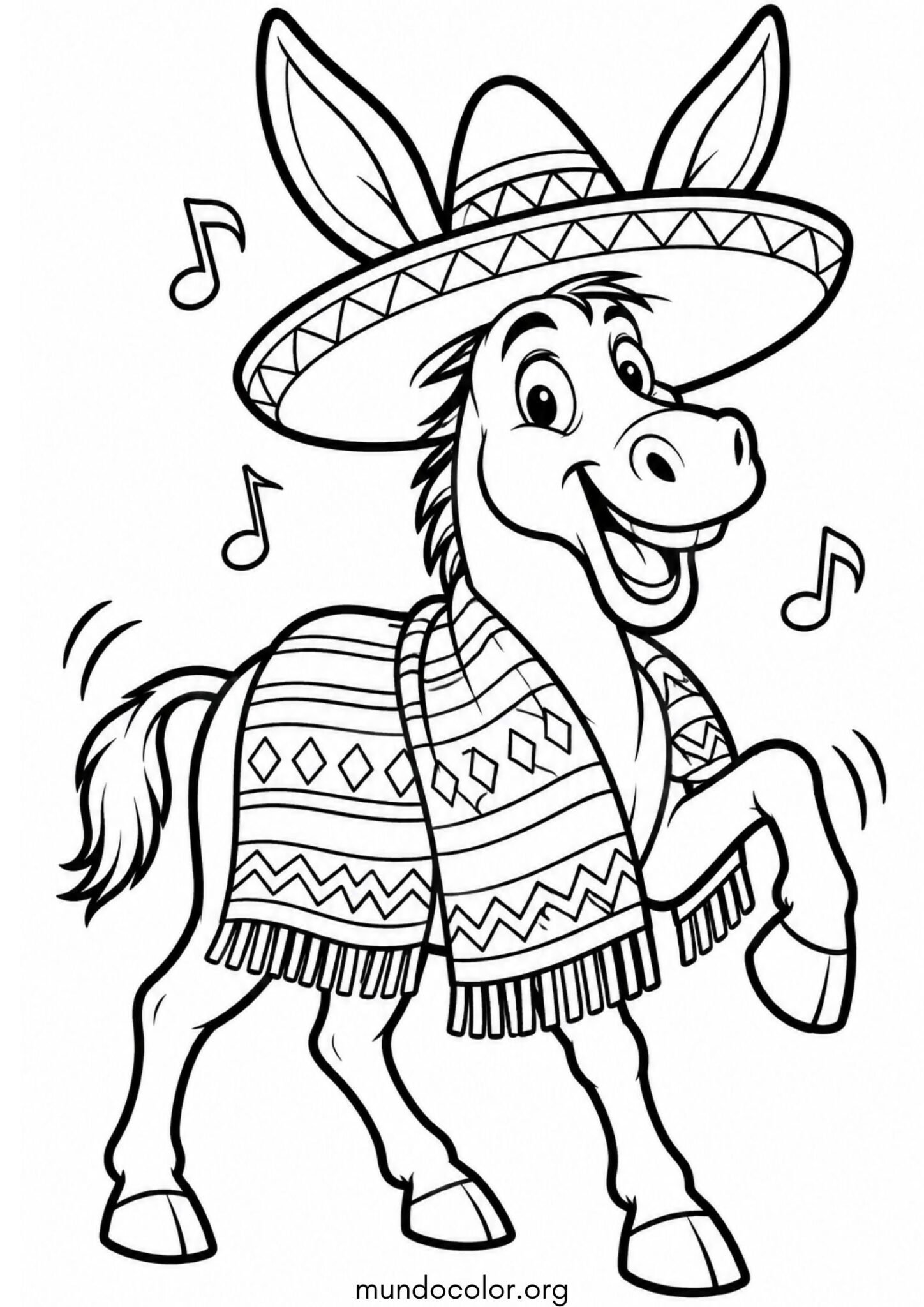 Dibujo de Burrito mexicano con sombrero charro y sarape colorido para colorear