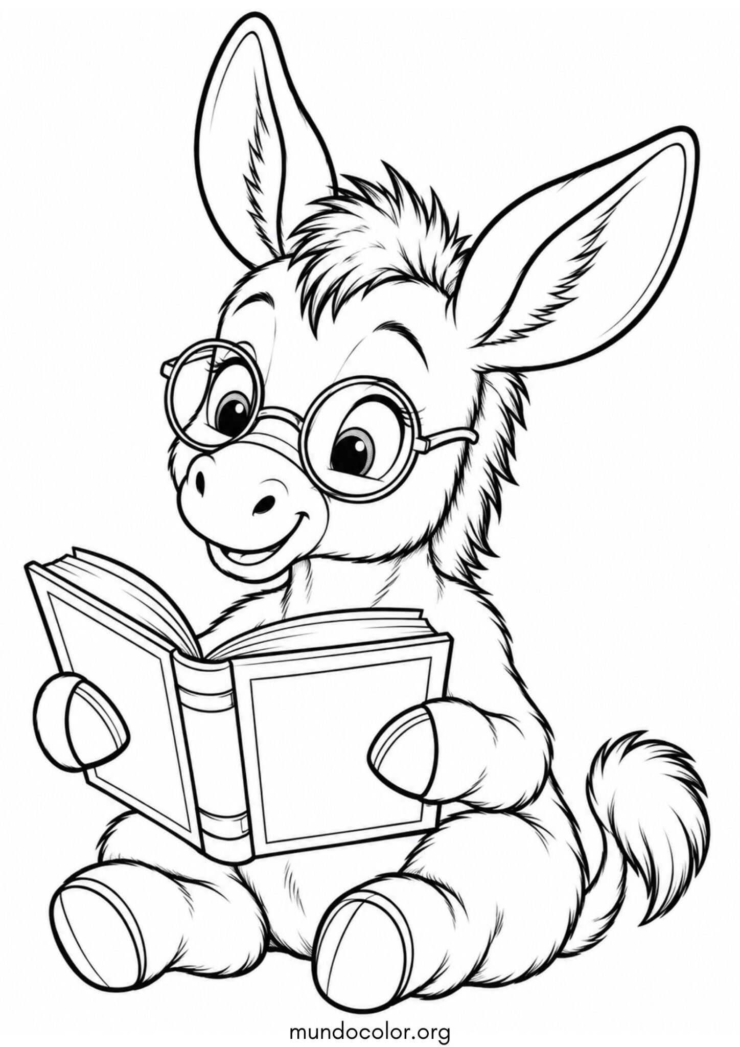 Dibujo de Burro sabio leyendo un libro con gafas redondas en la nariz para colorear