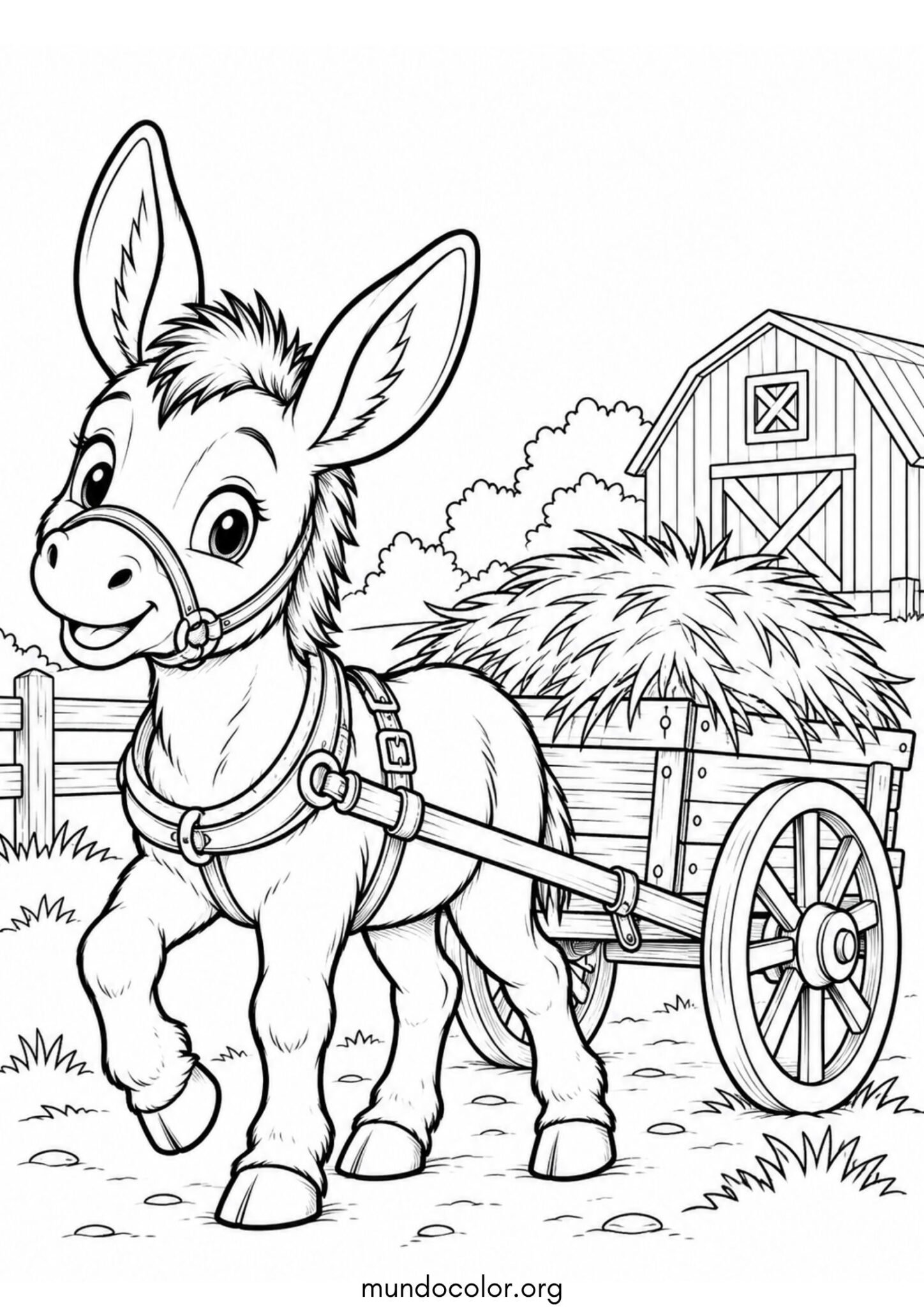 Dibujo de Burro tirando de una carreta de madera llena de paja en la granja para colorear
