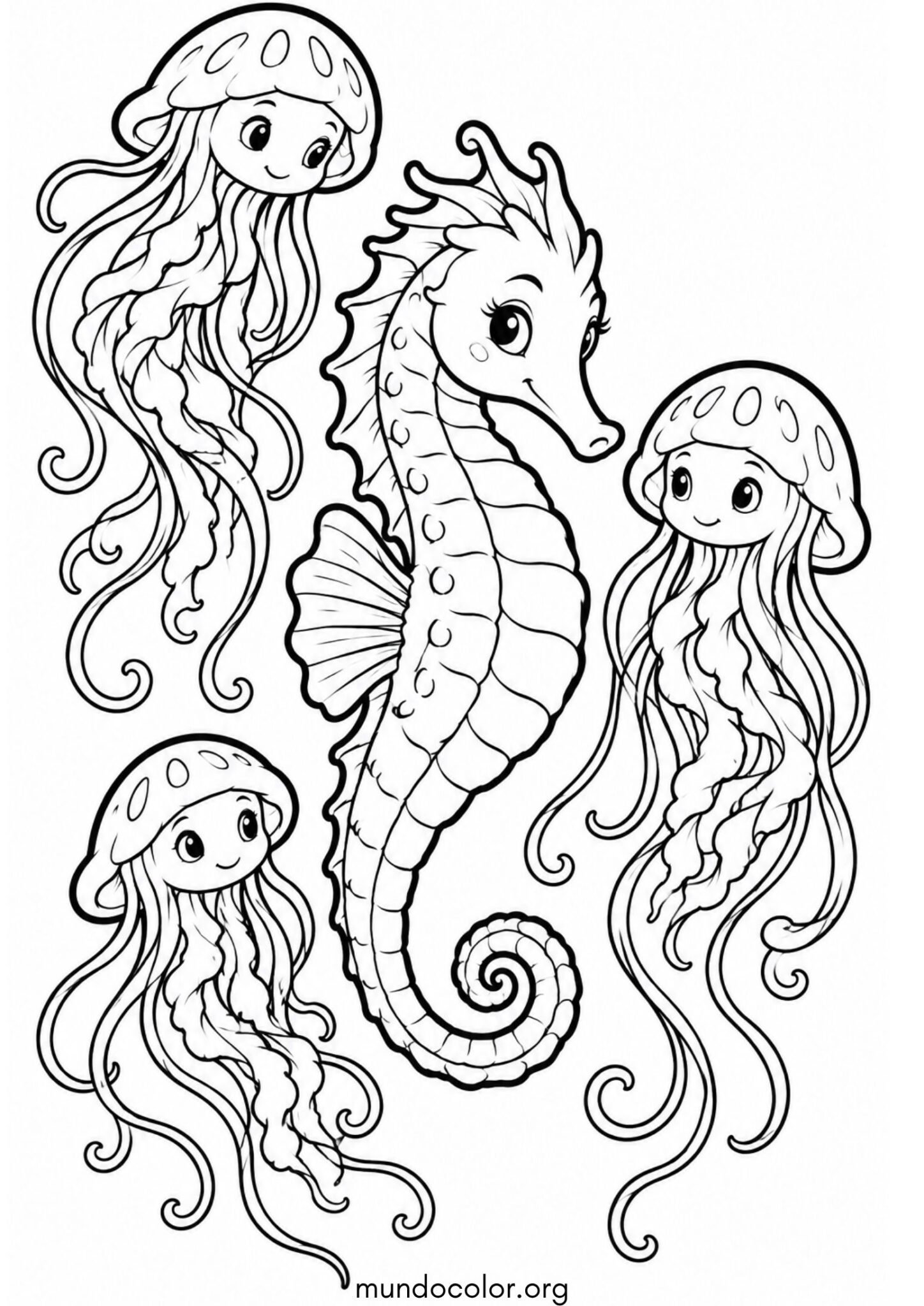 Dibujo de Caballito de mar y medusas para colorear