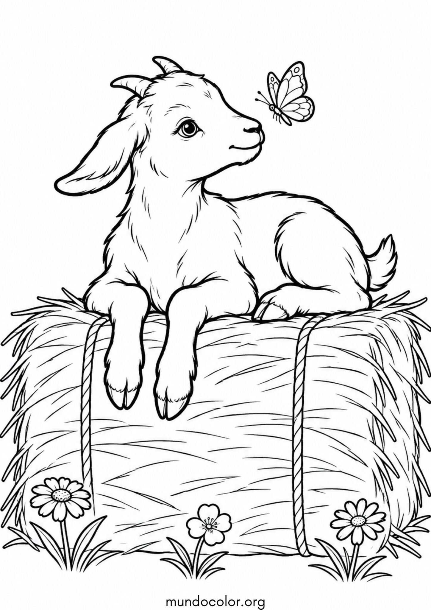 Dibujo de Cabrito sobre un fardo de heno para colorear