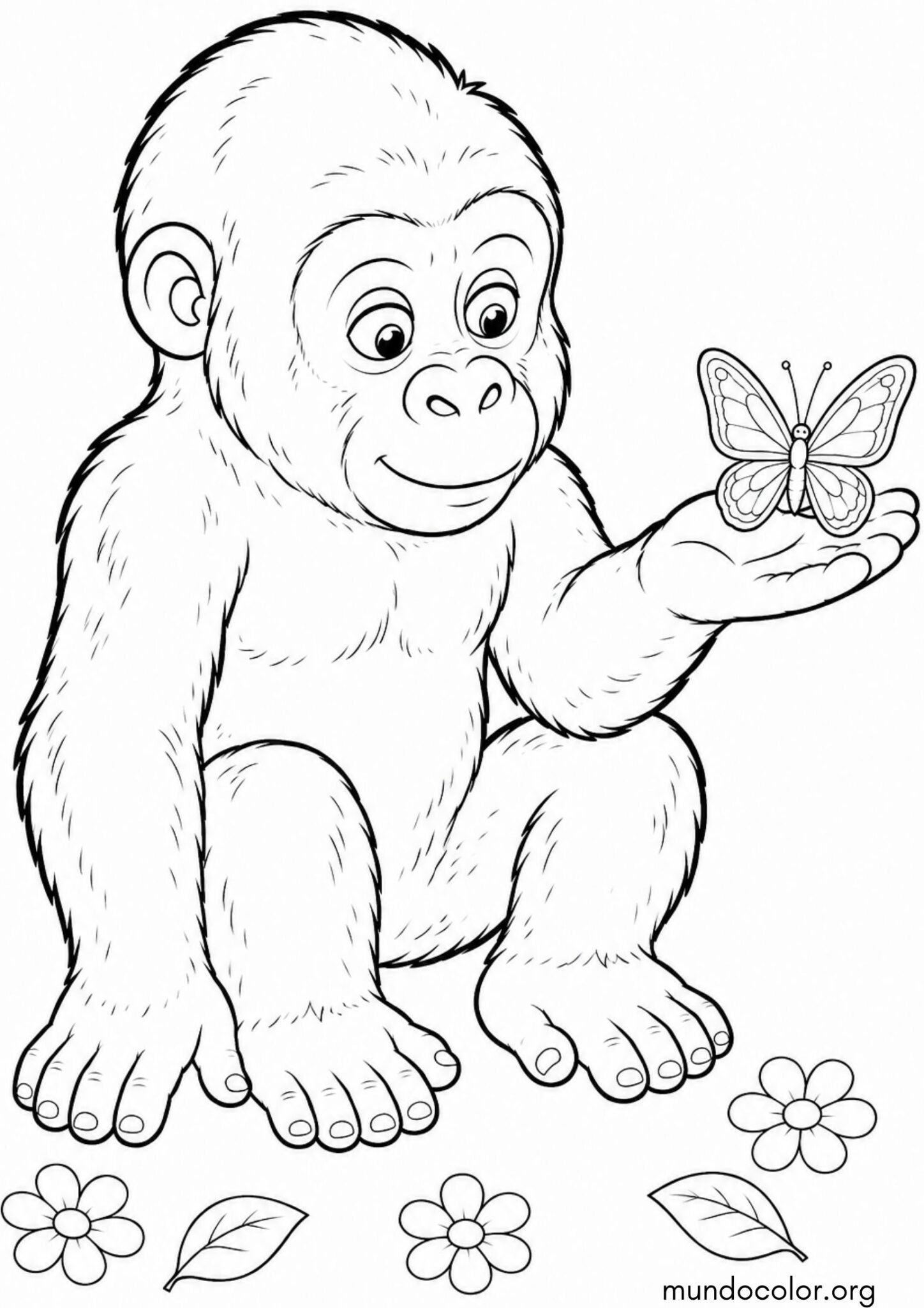 Dibujo de Cachorro de gorila jugando con una mariposa en su mano para colorear