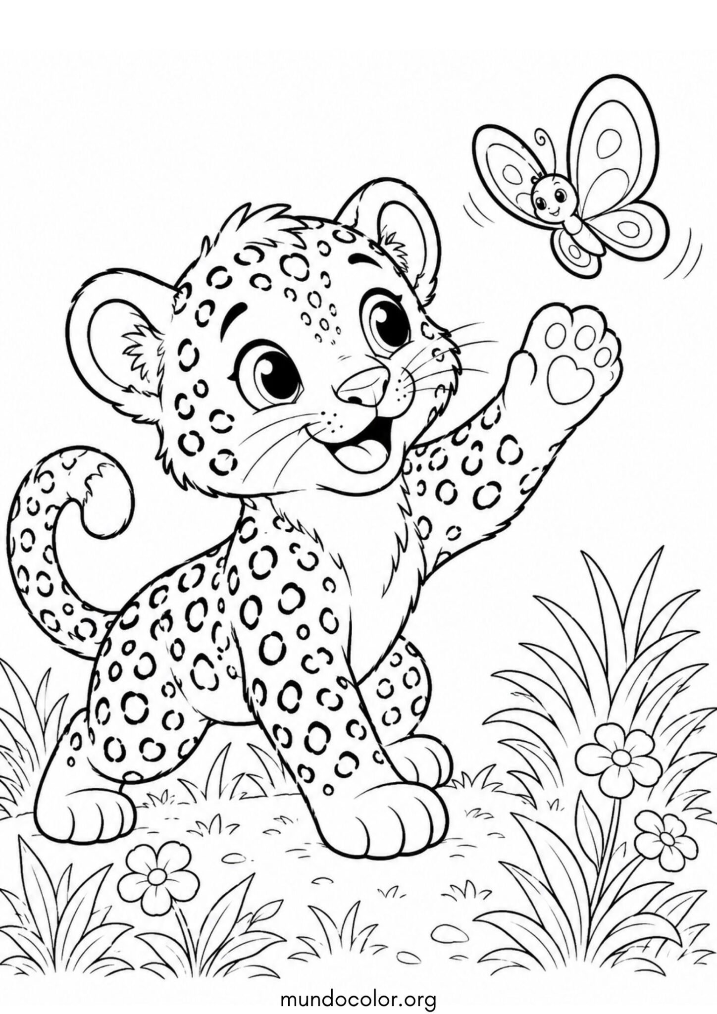 Dibujo de Cachorro de leopardo jugando alegremente con una mariposa para colorear