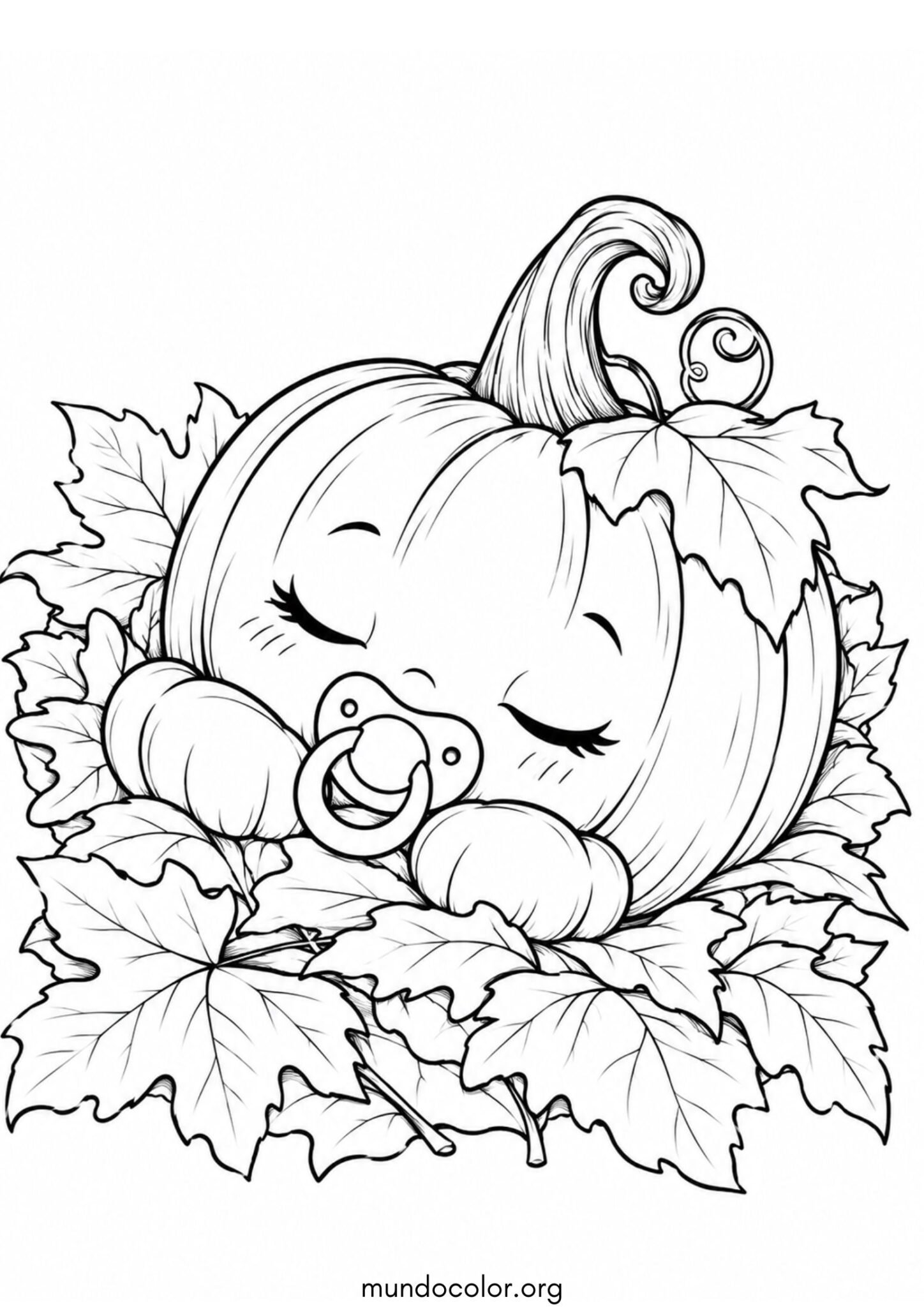 Calabaza bebé con chupete durmiendo sobre una cama de hojas secas para imprimir y pintar Dibujo de Calabaza bebé con chupete durmiendo sobre una cama de hojas secas para colorear
