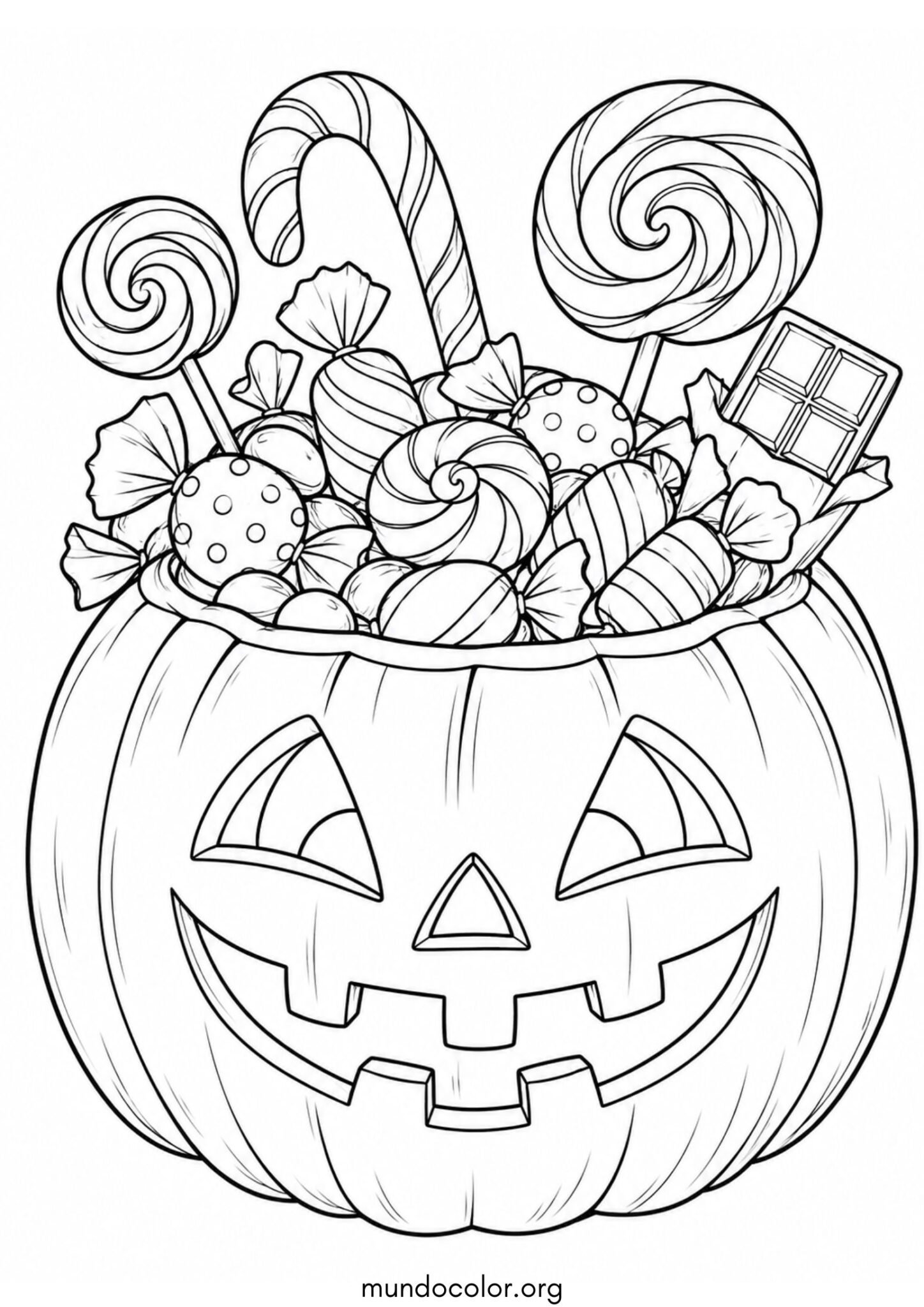 Calabaza llena de caramelos, paletas y dulces de truco o trato para imprimir y pintar Dibujo de Calabaza llena de caramelos, paletas y dulces de truco o trato para colorear