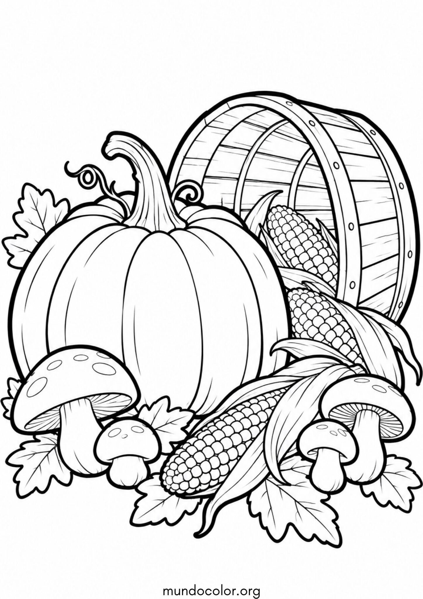 Dibujo de Calabaza, setas y maíz derramados de una cesta de madera para imprimir Dibujo de Calabaza, setas y maíz derramados de una cesta de madera para colorear