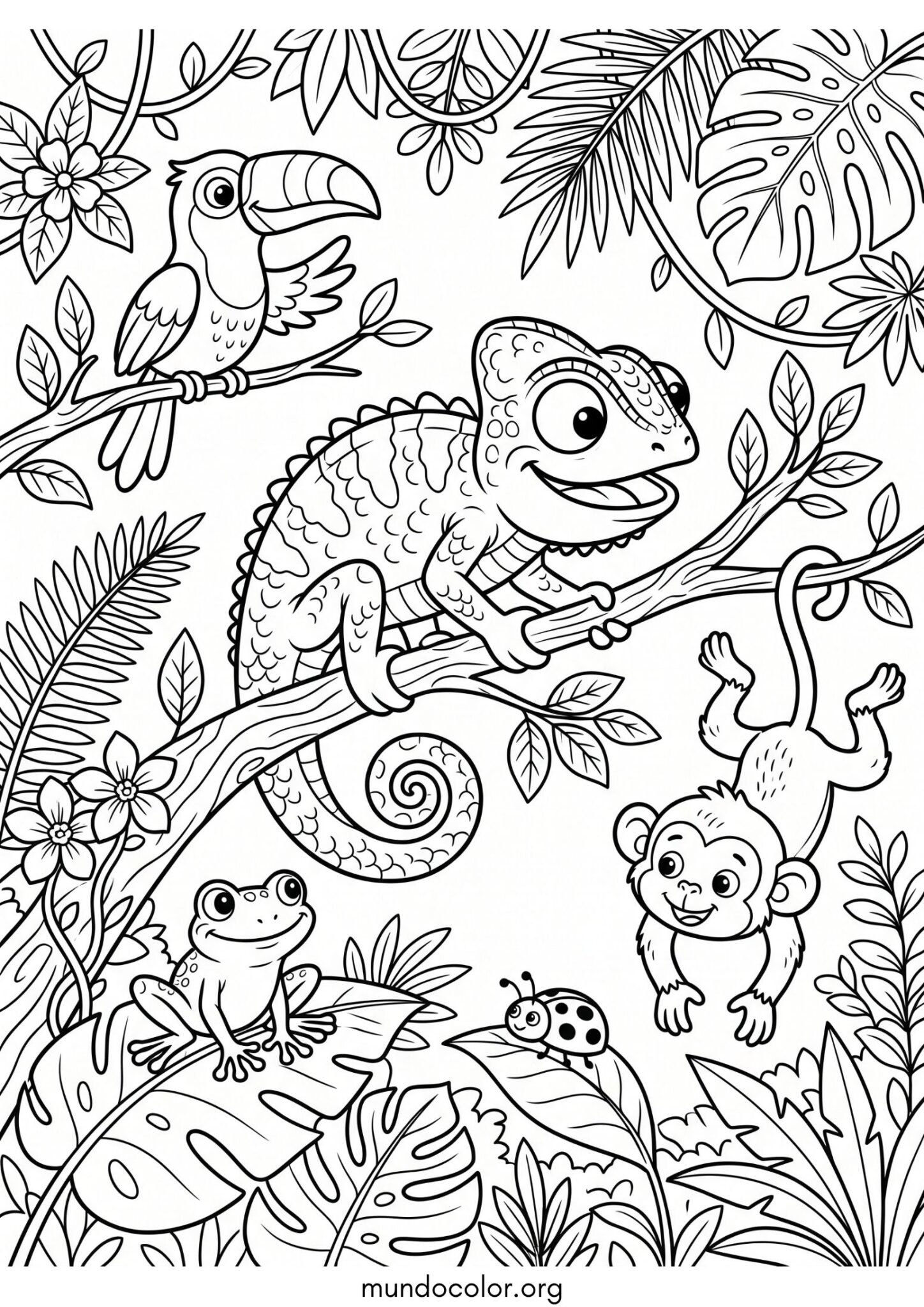 Dibujo de Camaleón con sus amigos para colorear