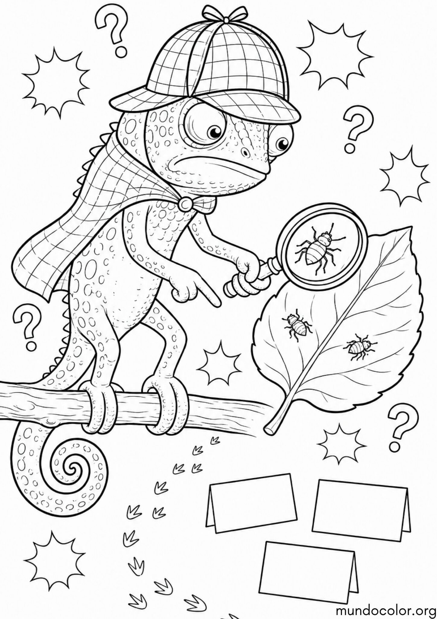 Dibujo de Camaleón detective con lupa buscando insectos diminuto para imprimir Dibujo de Camaleón detective con lupa buscando insectos diminuto para colorear