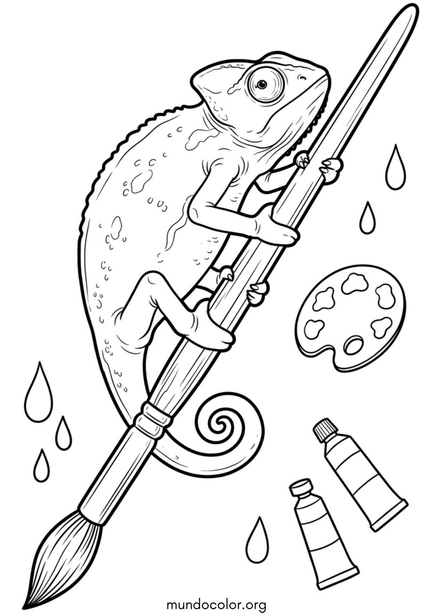 Dibujo de Camaleón trepando por el pincel de un pintor para imprimir Dibujo de Camaleón trepando por el pincel de un pintor para colorear
