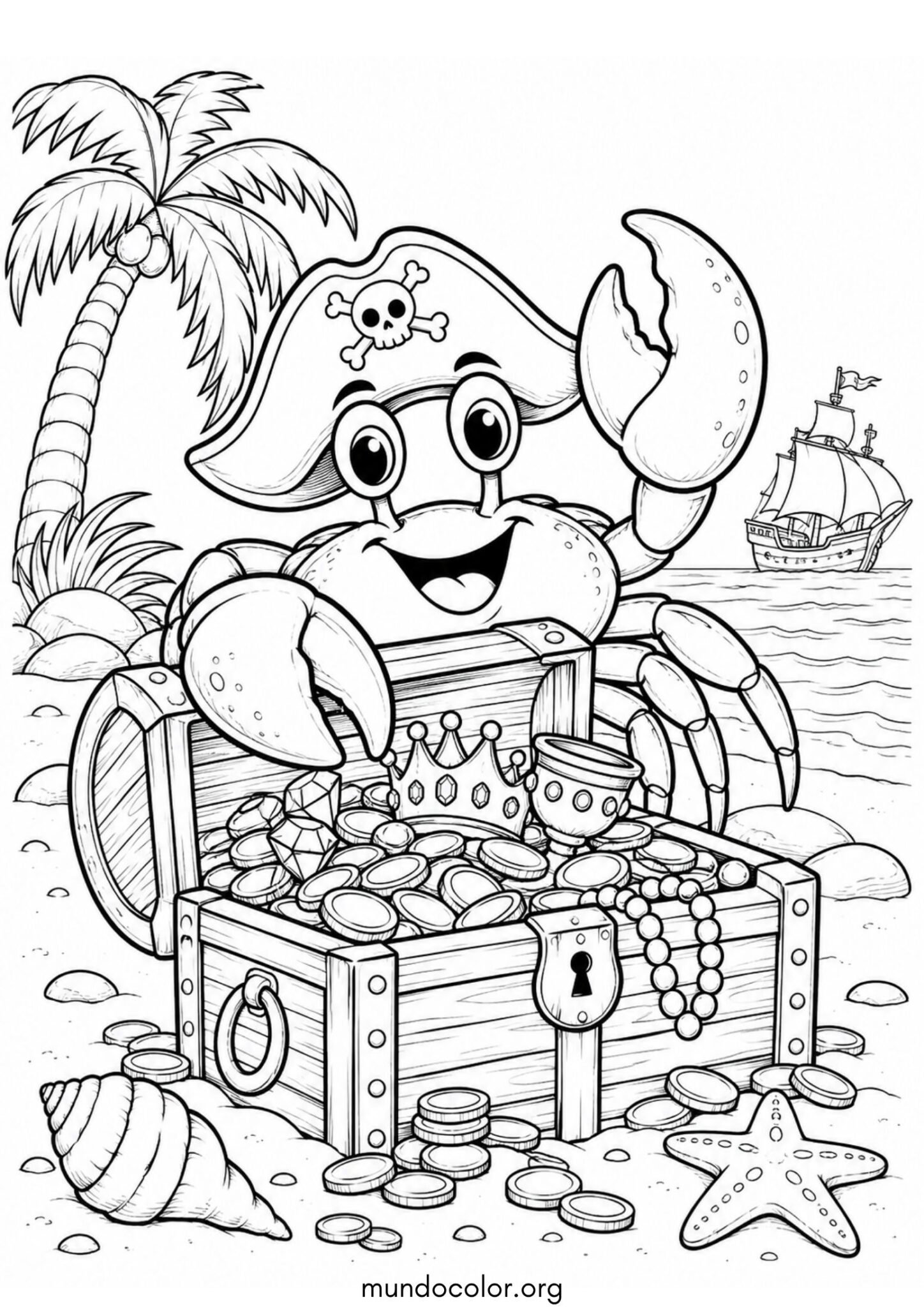 Dibujo de Cangrejo custodiando un cofre del tesoro pirata lleno de monedas de oro para colorear
