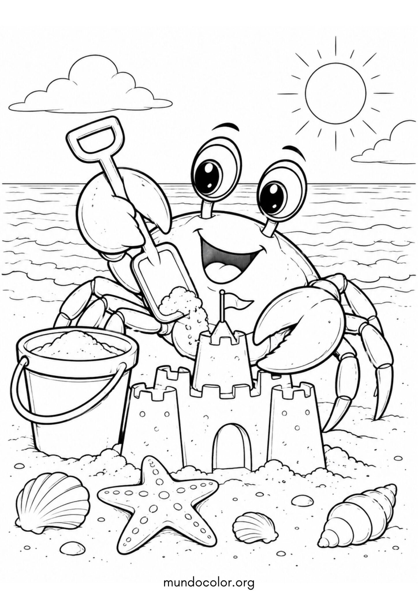 Dibujo de Cangrejo en la playa construyendo un castillo de arena con su pala y cubo para imprimir Dibujo de Cangrejo en la playa construyendo un castillo de arena con su pala y cubo para colorear