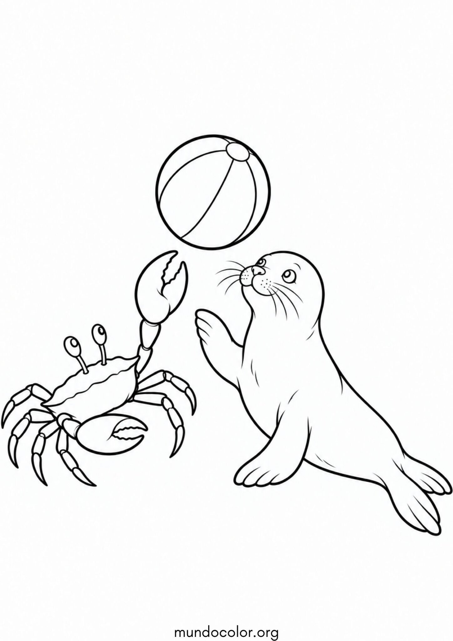 Dibujo de Cangrejo jugando a la pelota con una pequeña foca sonriente para colorear