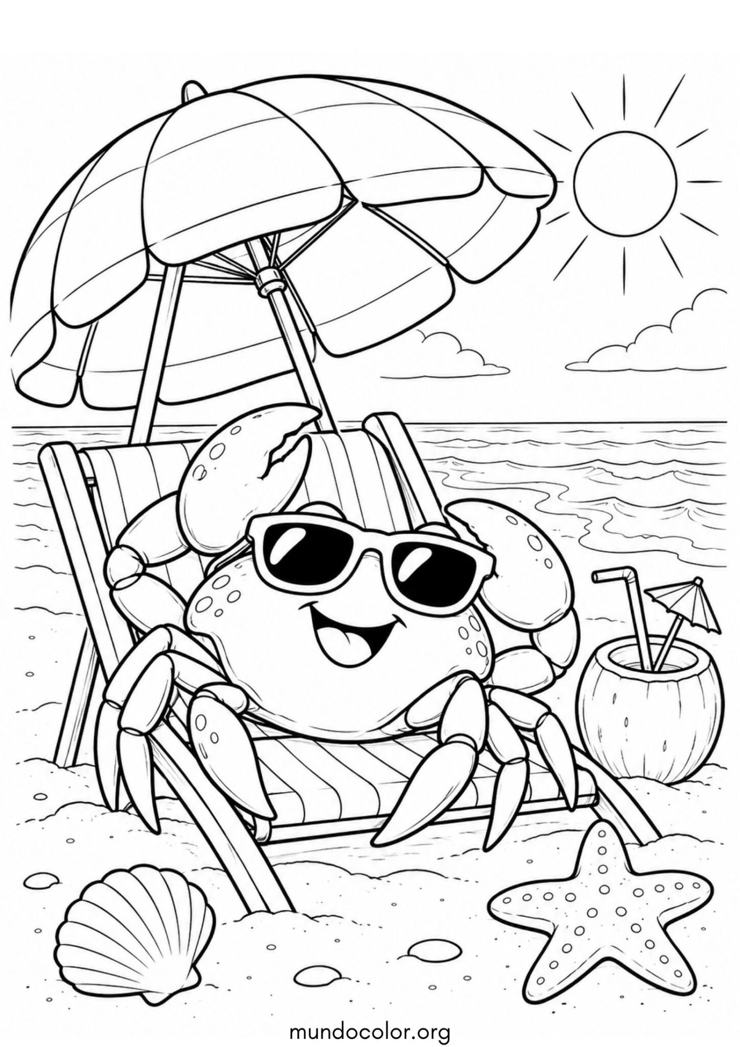 Dibujo de Cangrejo tomando el sol bajo una sombrilla de playa con gafas de sol para imprimir Dibujo de Cangrejo tomando el sol bajo una sombrilla de playa con gafas de sol para colorear